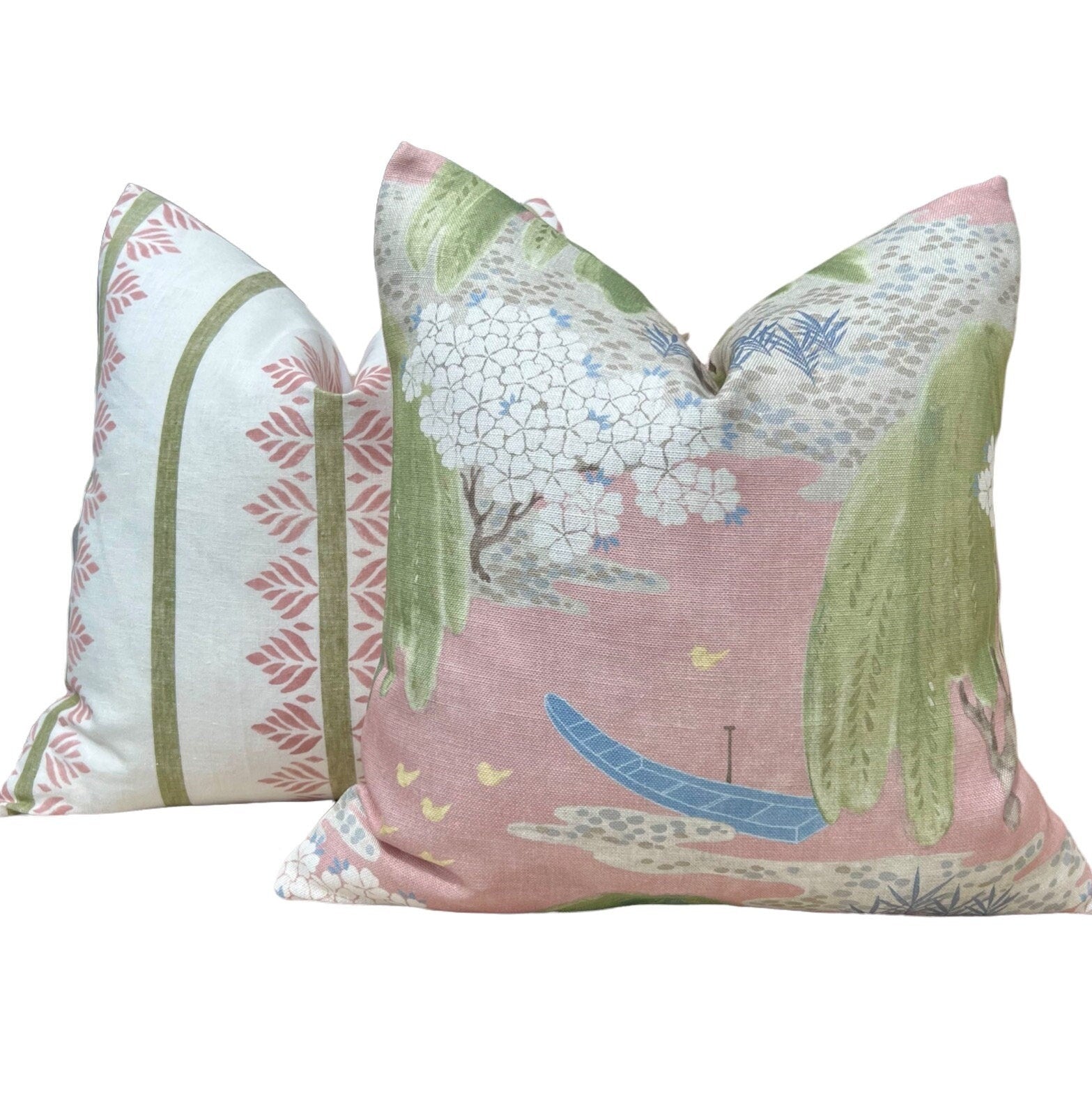 Thibaut Willow Tree Pillow in Blush. Designer Pillows, High End Pillows, Floral Pillow in Pink, Green and Blue, Lumbar Floral Pillow