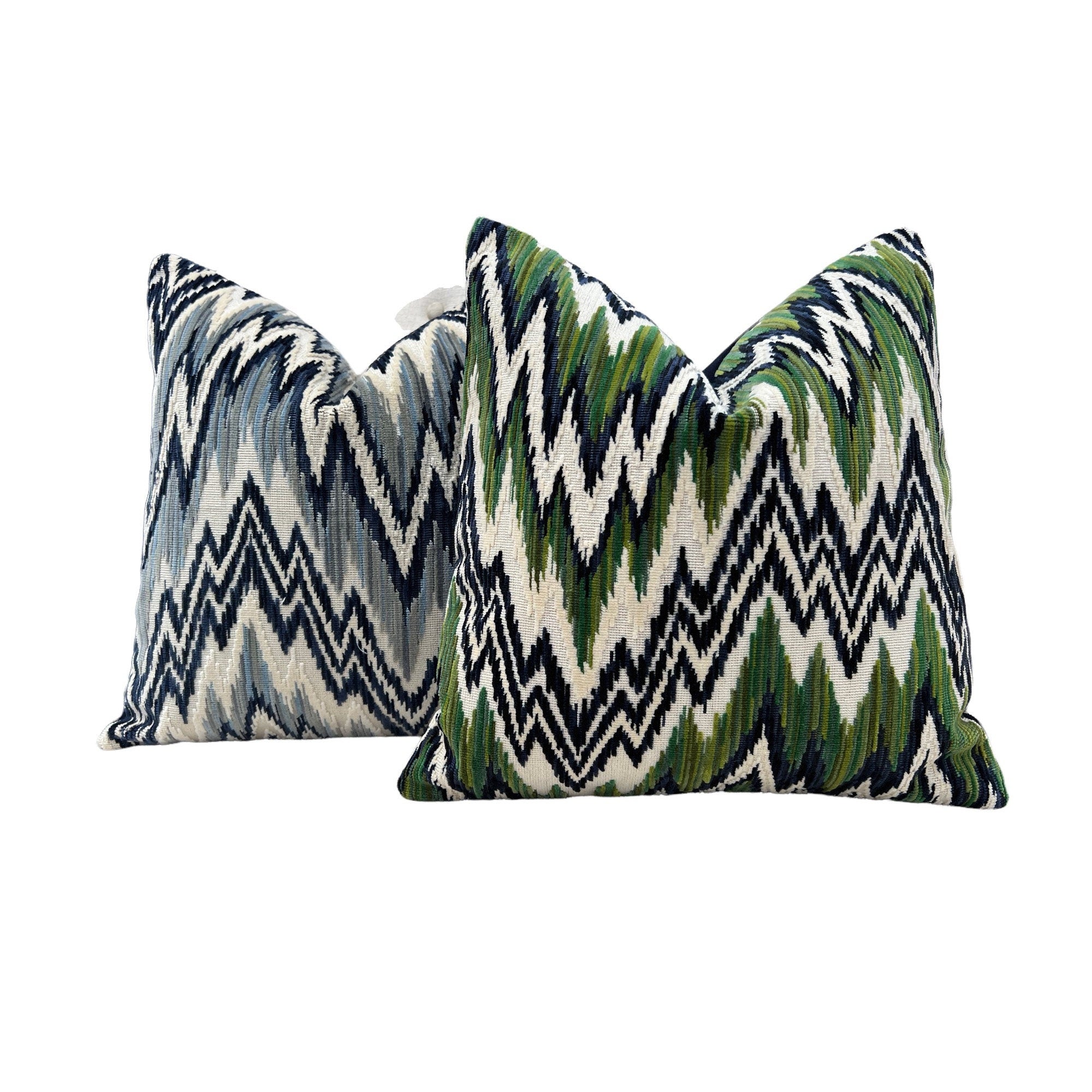 Thibaut Rhythm Velvet Pillow in Emerald and Navy. Designer Pillows // Zig Zag Velvet Pillow // High End Pillows // Green and Navy Pillows