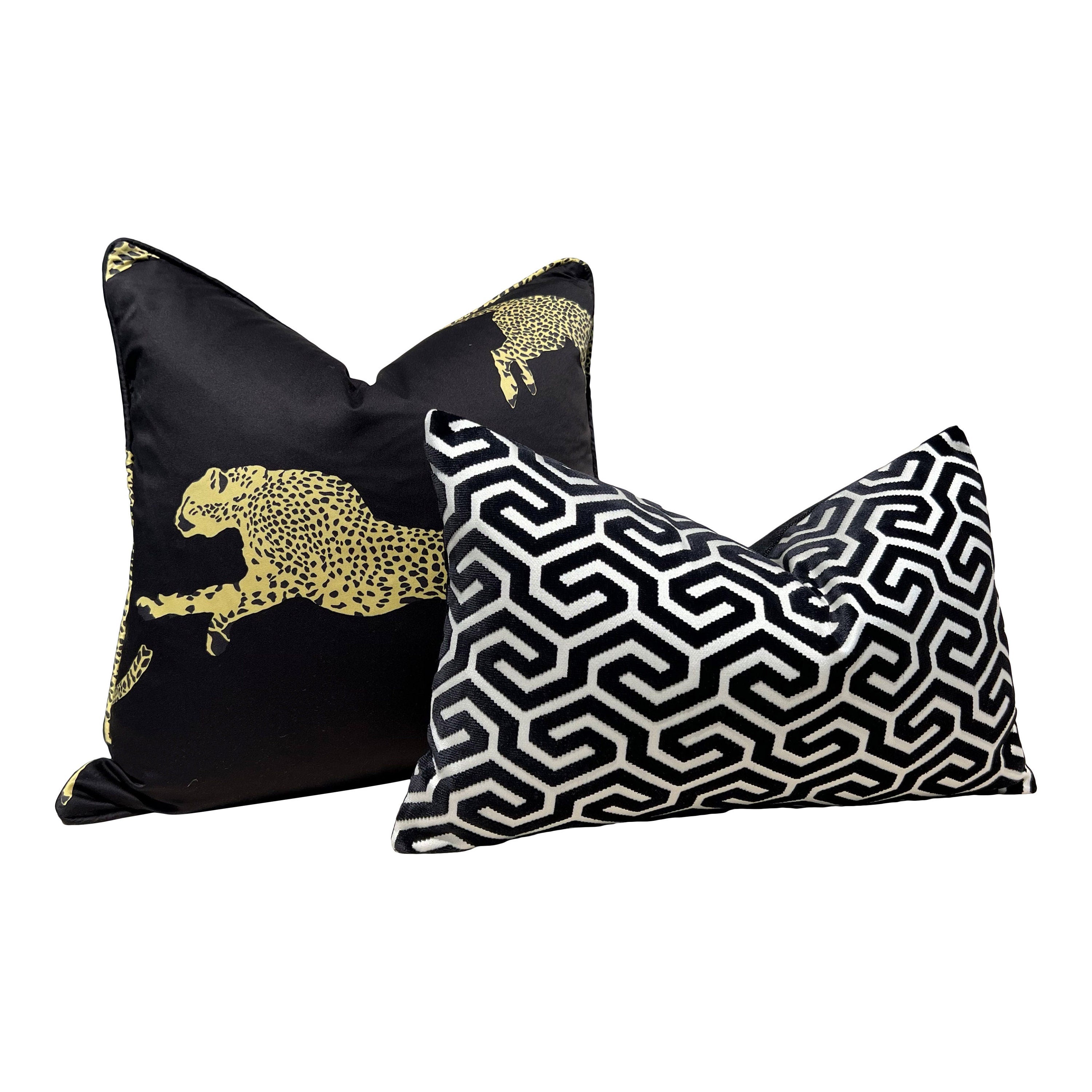 Scalamandre Leaping Cheetah in Black Magic. Designer Pillows, High End Pillows, Black Animal Print Pillows, Lumbar Cheetah Pillows Black