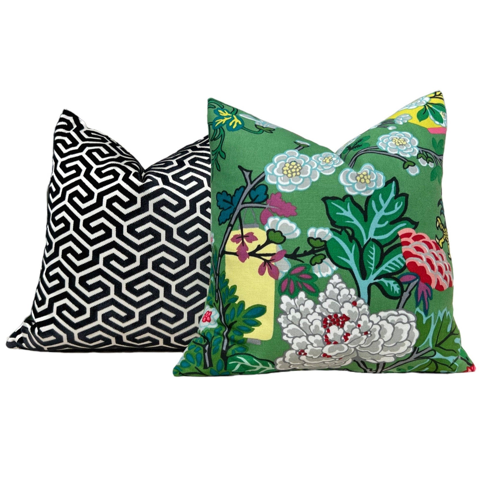 Schumacher Ming Fret Velvet Pillow in Black. Designer Modern Pillows, High End Pillows, Black Fret Works Velvet Pillow, Contemporary Pillow