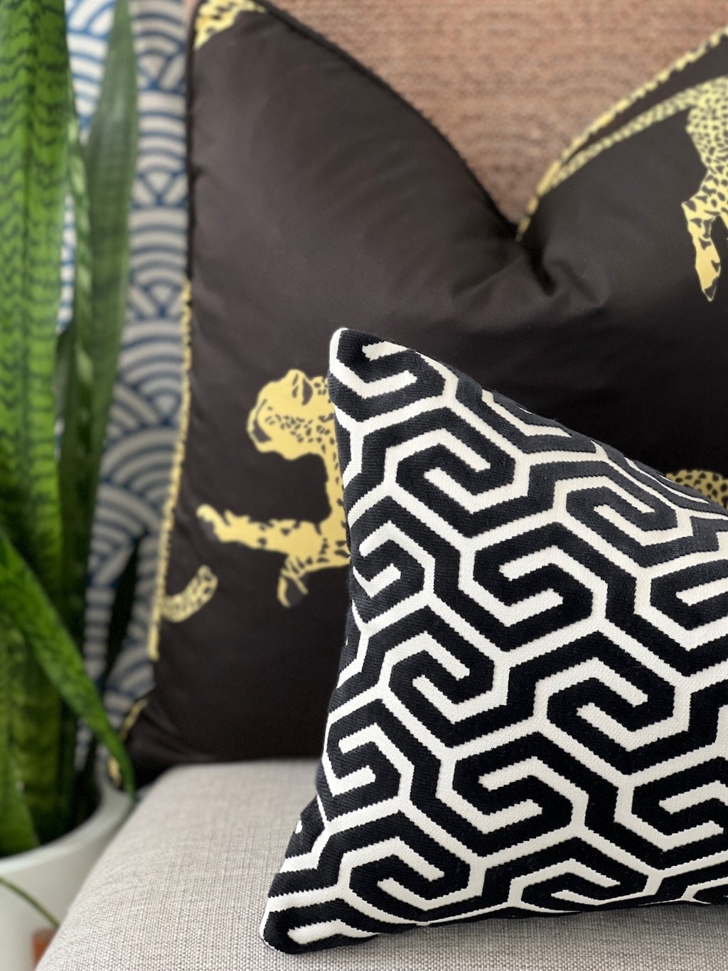 Schumacher Ming Fret Velvet Pillow in Black. Designer Modern Pillows, High End Pillows, Black Fret Works Velvet Pillow, Contemporary Pillow