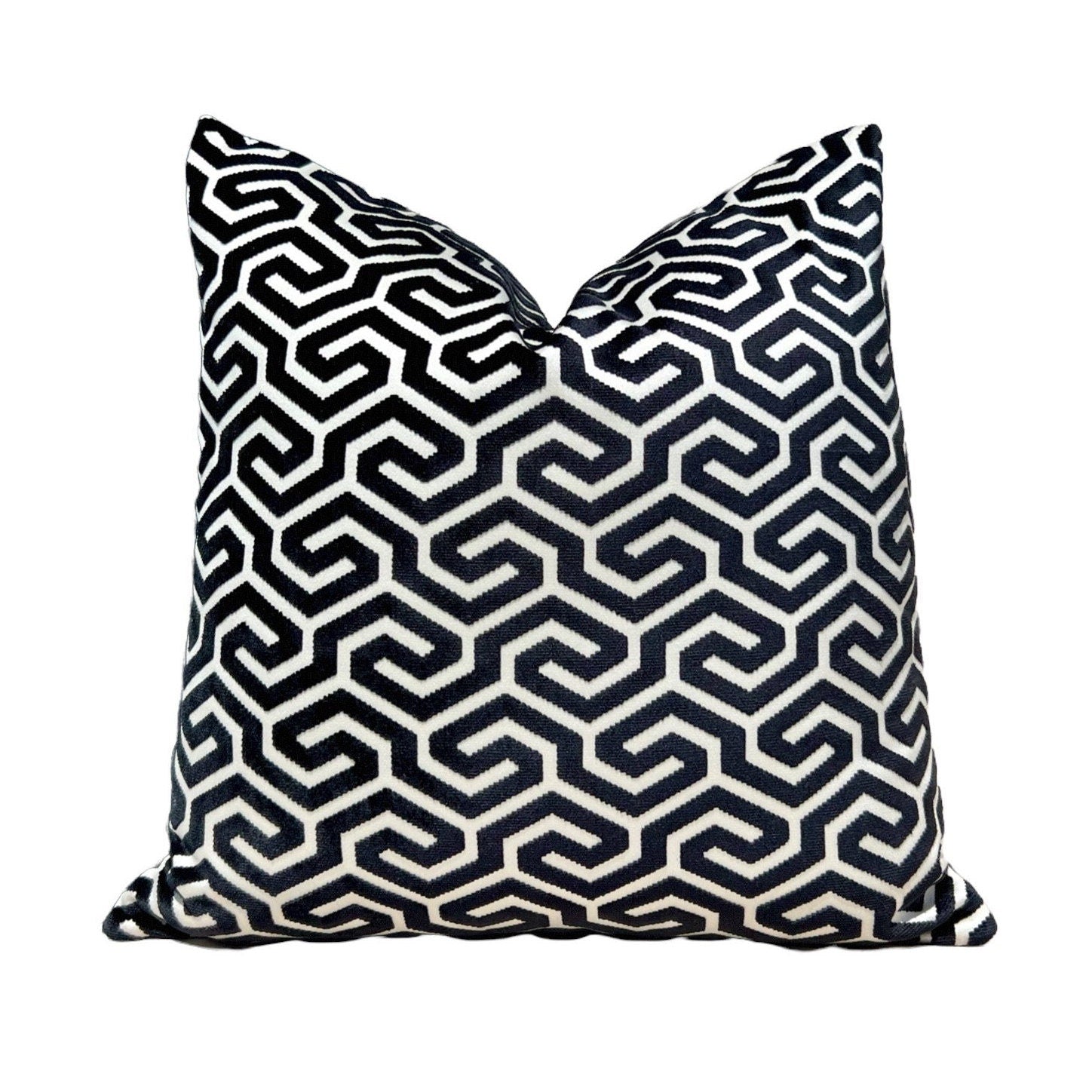Schumacher Ming Fret Velvet Pillow in Black. Designer Modern Pillows, High End Pillows, Black Fret Works Velvet Pillow, Contemporary Pillow