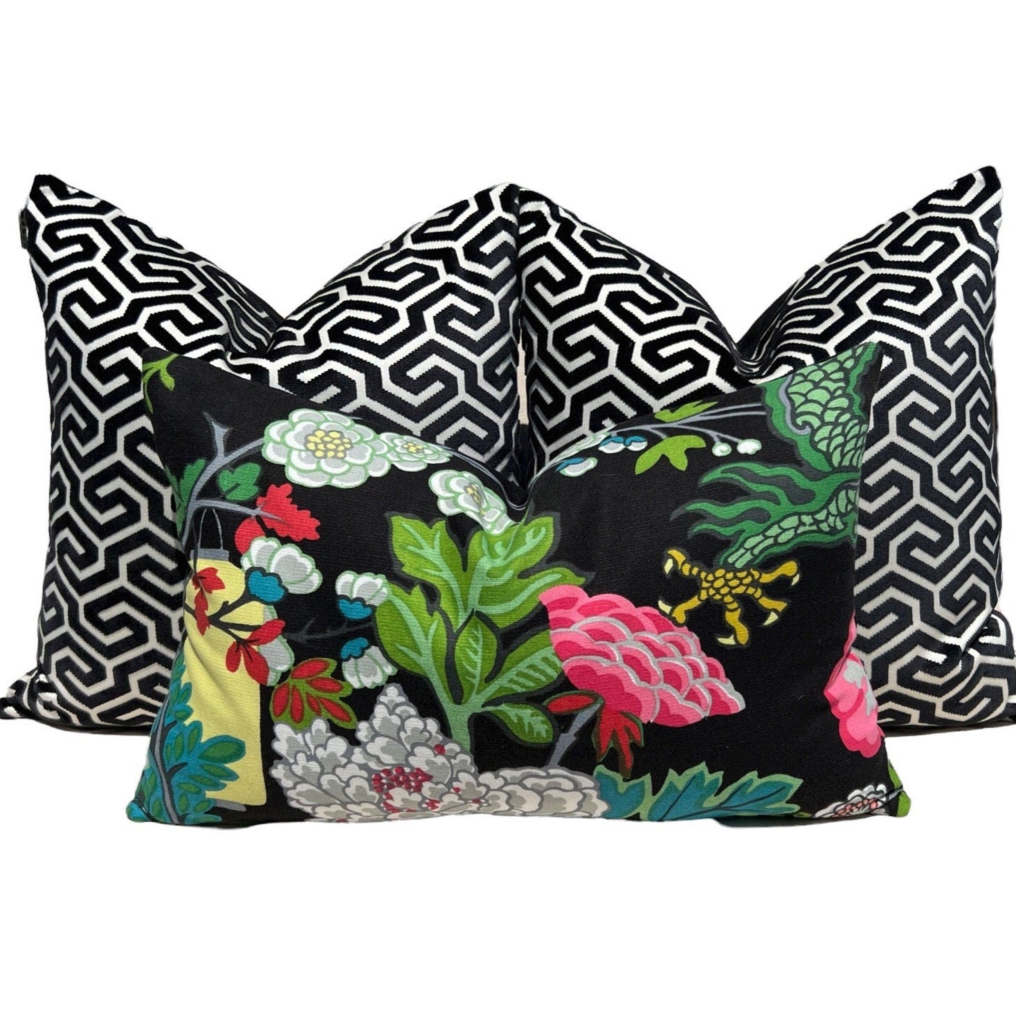 Schumacher Ming Fret Velvet Pillow in Black. Designer Modern Pillows, High End Pillows, Black Fret Works Velvet Pillow, Contemporary Pillow