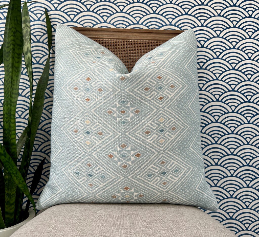 Thibaut High Plains Pillow in Spa Blue. Designer Pillows, High End Pillows, Aqua Blue Pillow Cover, Zig Zag Light Blue Accent Pillows