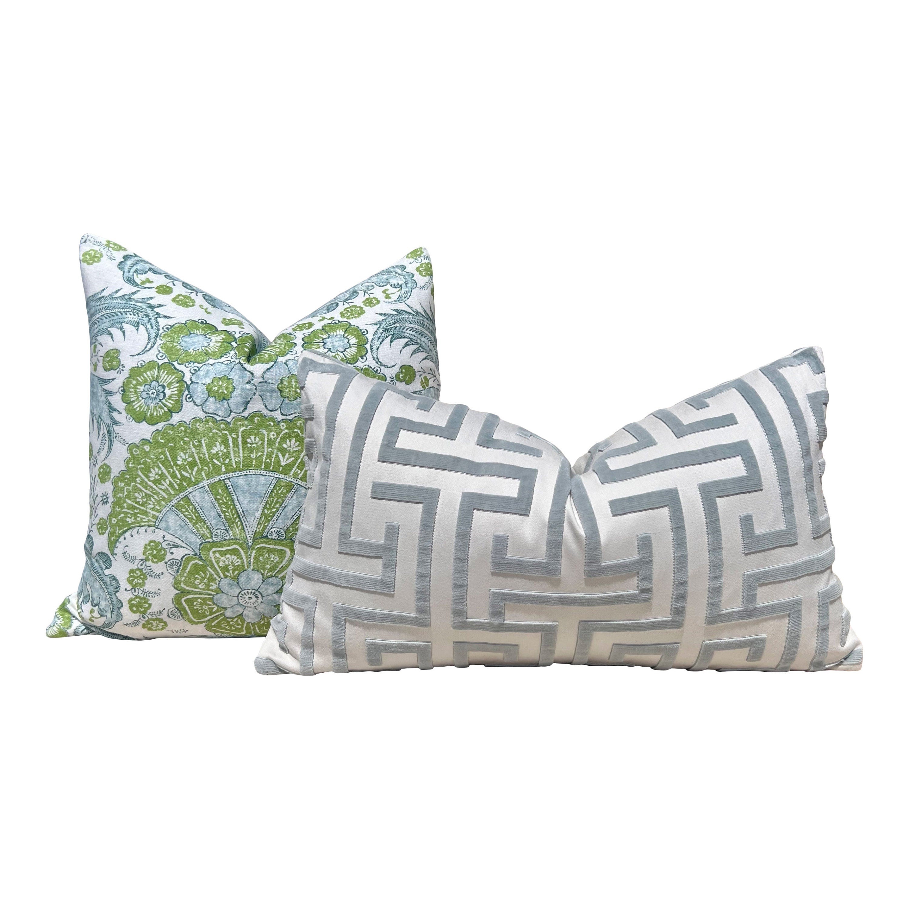 Schumacher Calicut Linen Pillow in Aqua and Green. Designer Pillows, High End Pillows, Aqua Blue Floral Pillow, Modern Floral Pillow