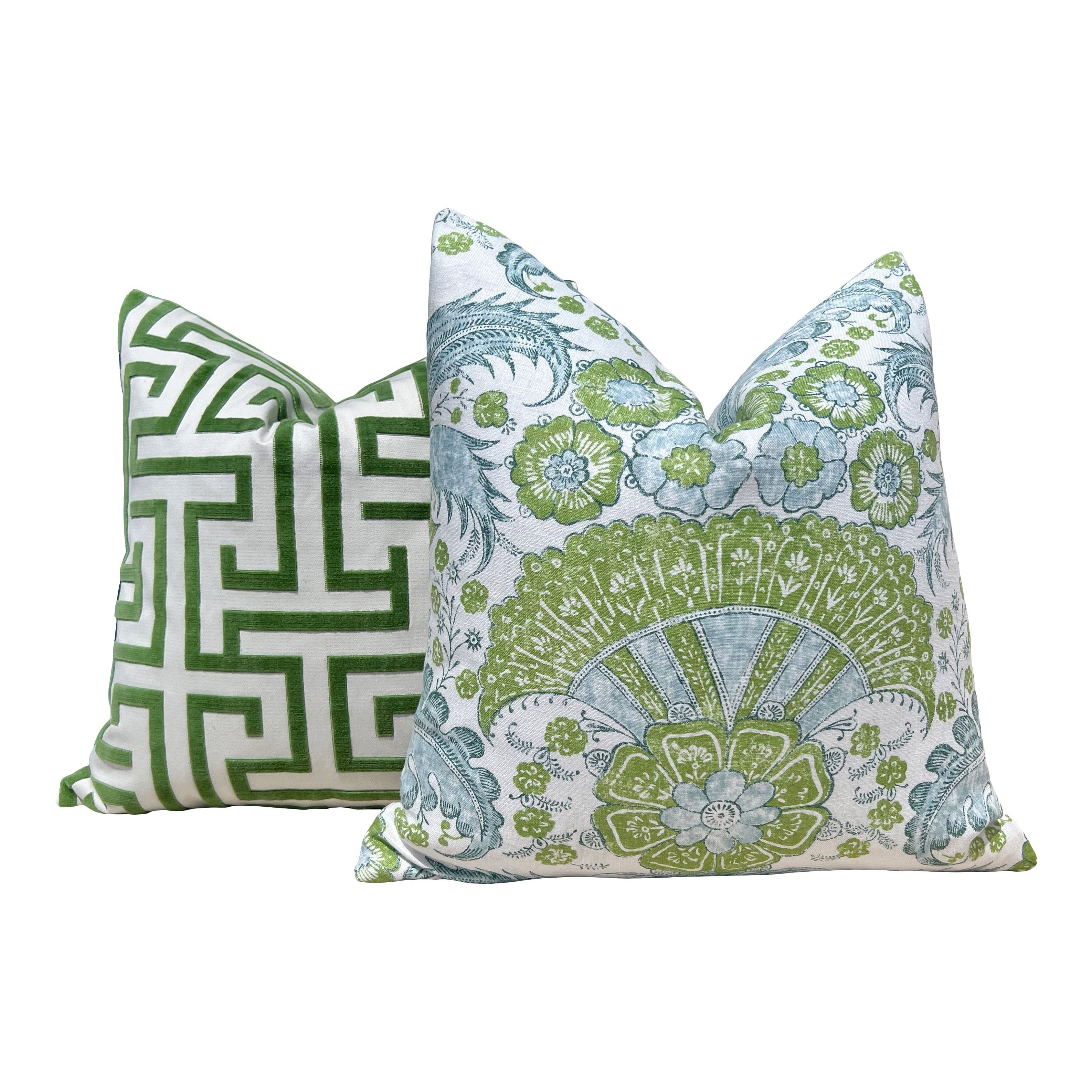 Schumacher Calicut Linen Pillow in Aqua and Green. Designer Pillows, High End Pillows, Aqua Blue Floral Pillow, Modern Floral Pillow