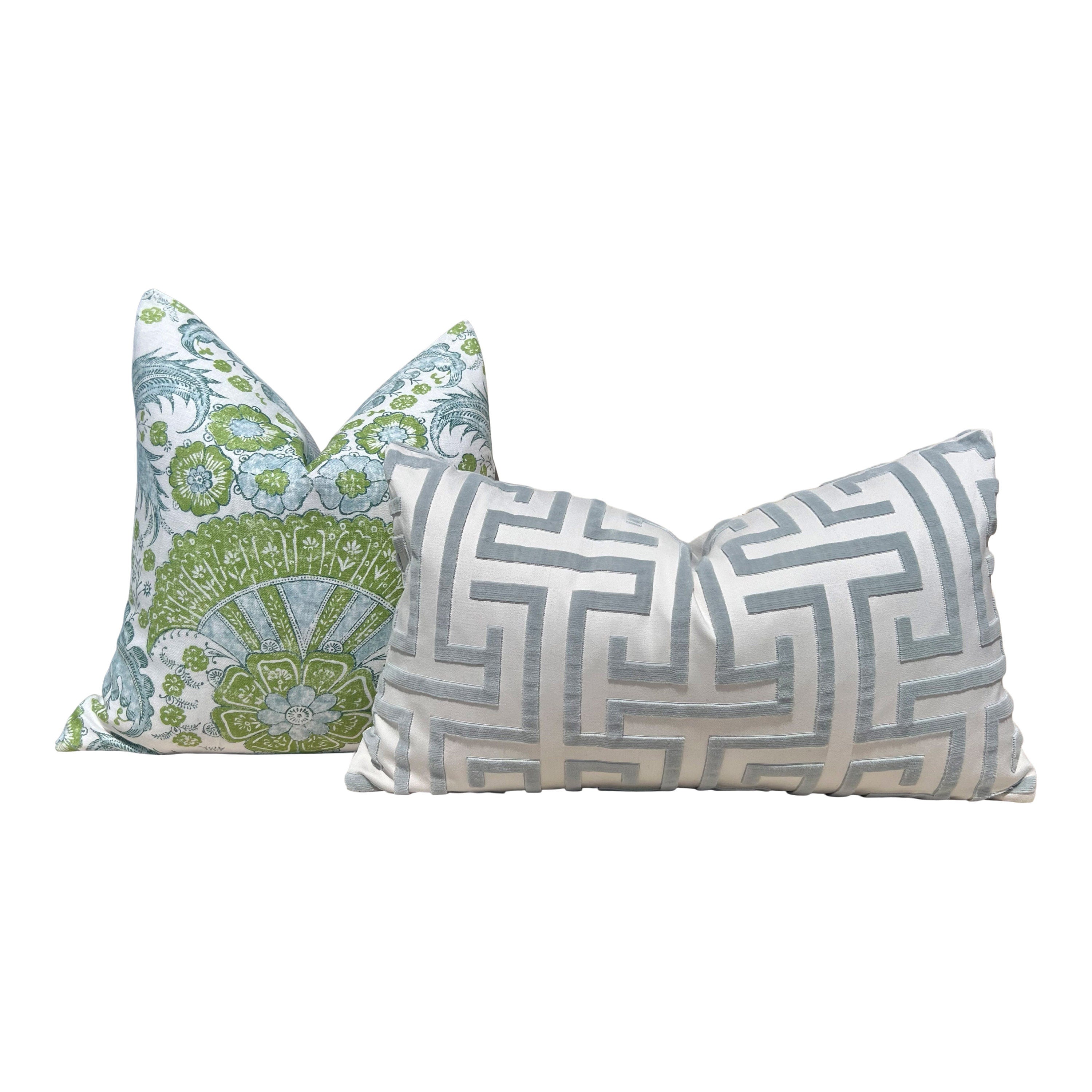 Schumacher Calicut Linen Pillow in Aqua and Green. Designer Pillows, High End Pillows, Aqua Blue Floral Pillow, Modern Floral Pillow