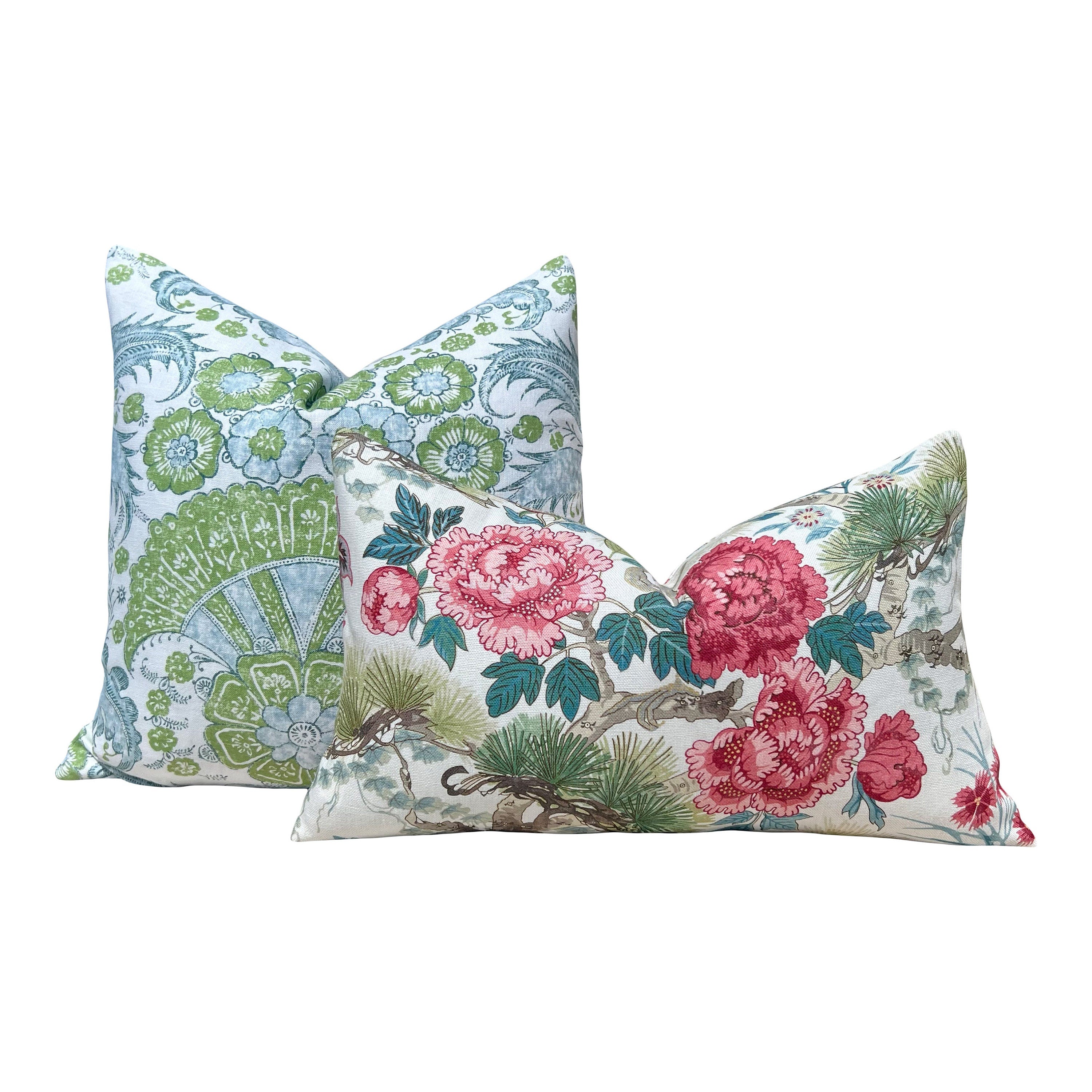 Schumacher Calicut Linen Pillow in Aqua and Green. Designer Pillows, High End Pillows, Aqua Blue Floral Pillow, Modern Floral Pillow