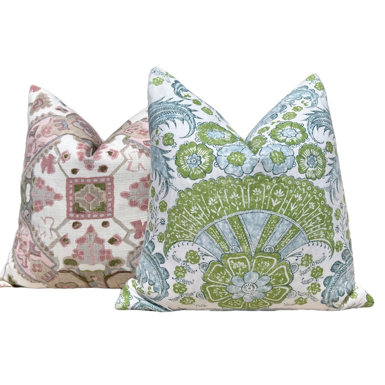 Schumacher Calicut Linen Pillow in Aqua and Green. Designer Pillows, High End Pillows, Aqua Blue Floral Pillow, Modern Floral Pillow