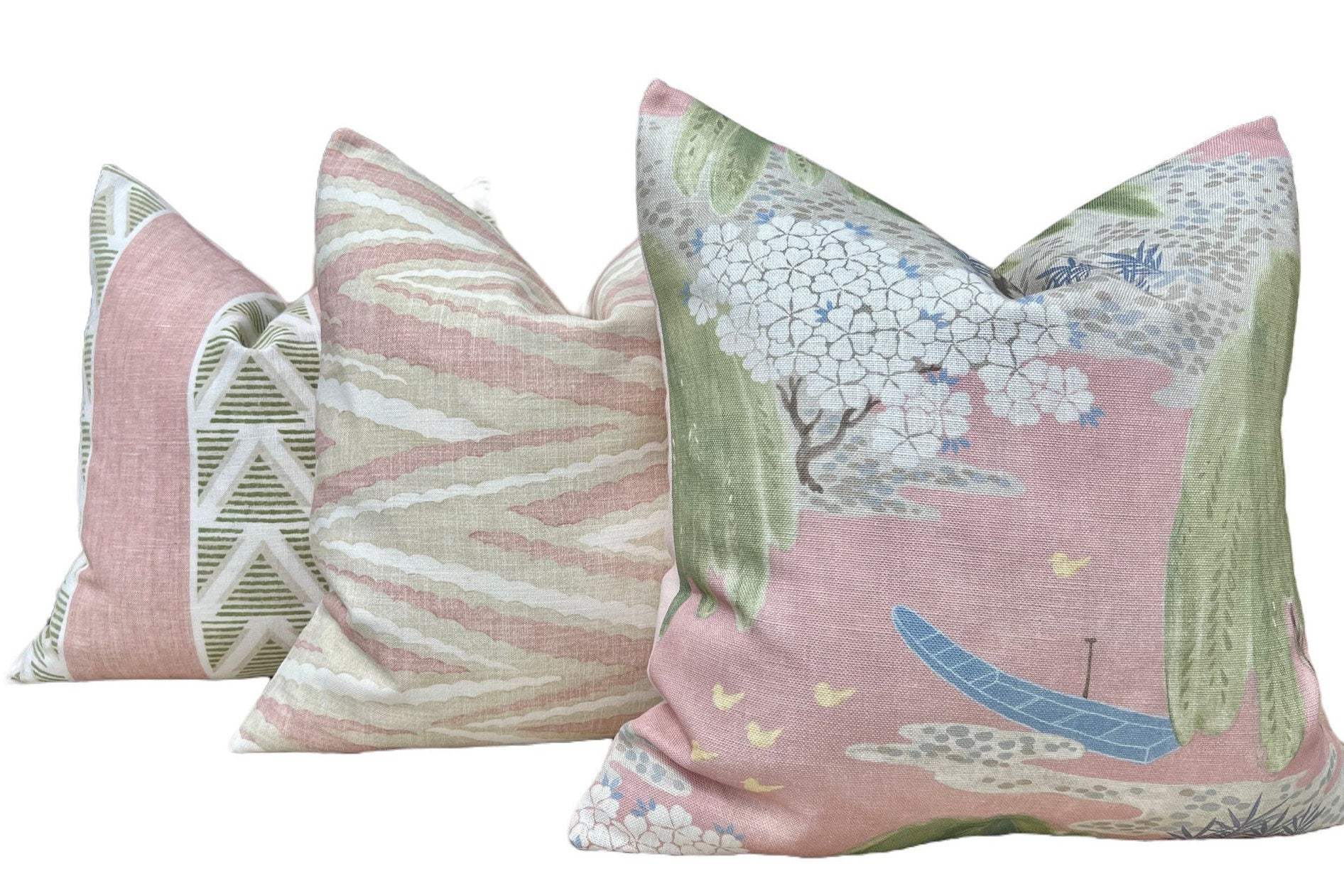 Thibaut Willow Tree Pillow in Blush. Designer Pillows, High End Pillows, Floral Pillow in Pink, Green and Blue, Lumbar Floral Pillow