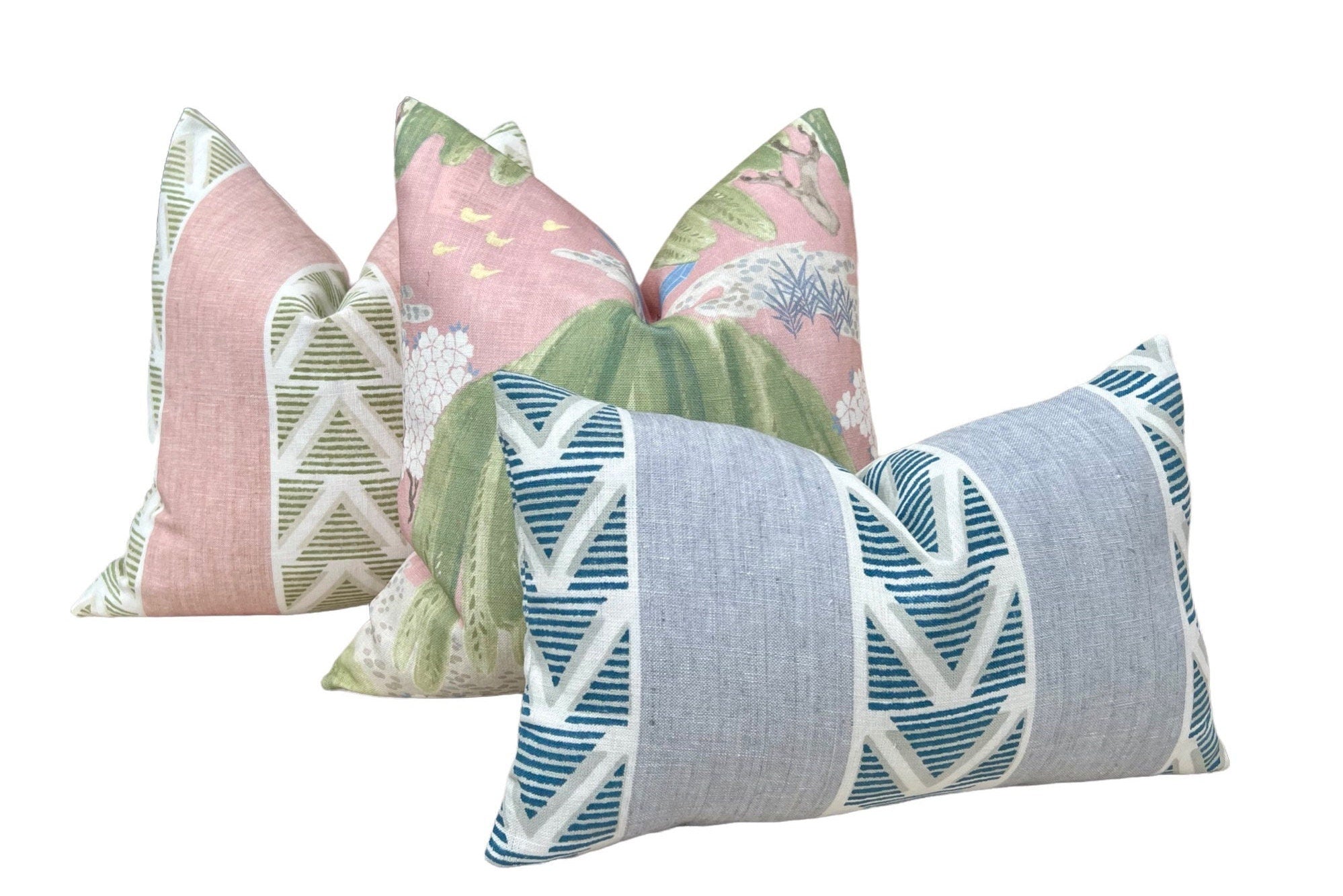Thibaut Willow Tree Pillow in Blush. Designer Pillows, High End Pillows, Floral Pillow in Pink, Green and Blue, Lumbar Floral Pillow