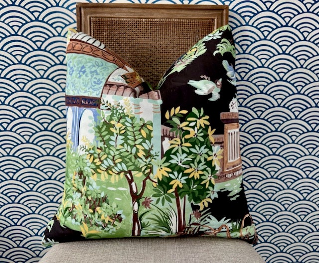 Mystic Garden Pillow Black. High End Cushion Cover, Designer Pillow in Black, Green and  Aqua, Accent Cushion, Euro Sham Pillow Cover,