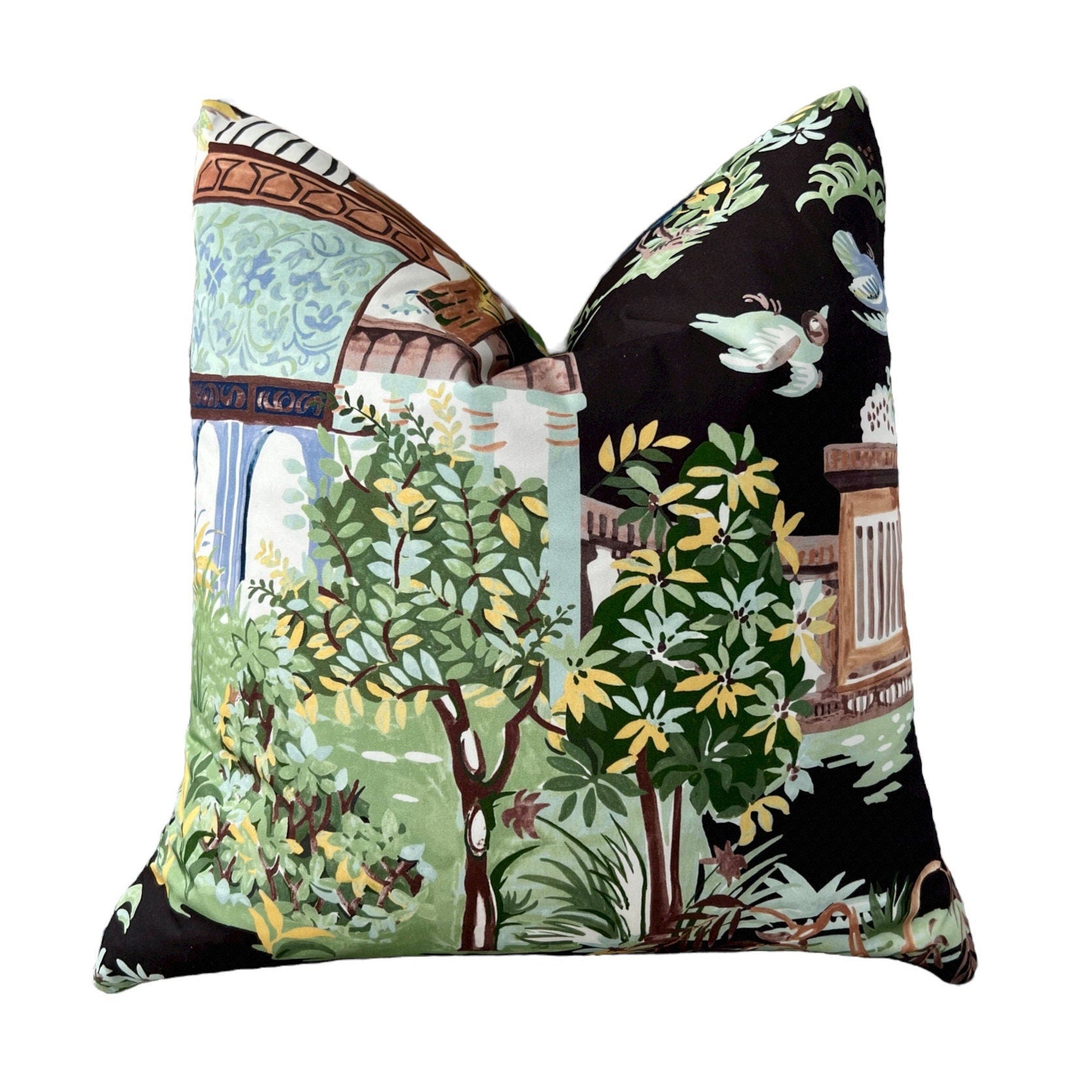 Mystic Garden Pillow Black. High End Cushion Cover, Designer Pillow in Black, Green and  Aqua, Accent Cushion, Euro Sham Pillow Cover,