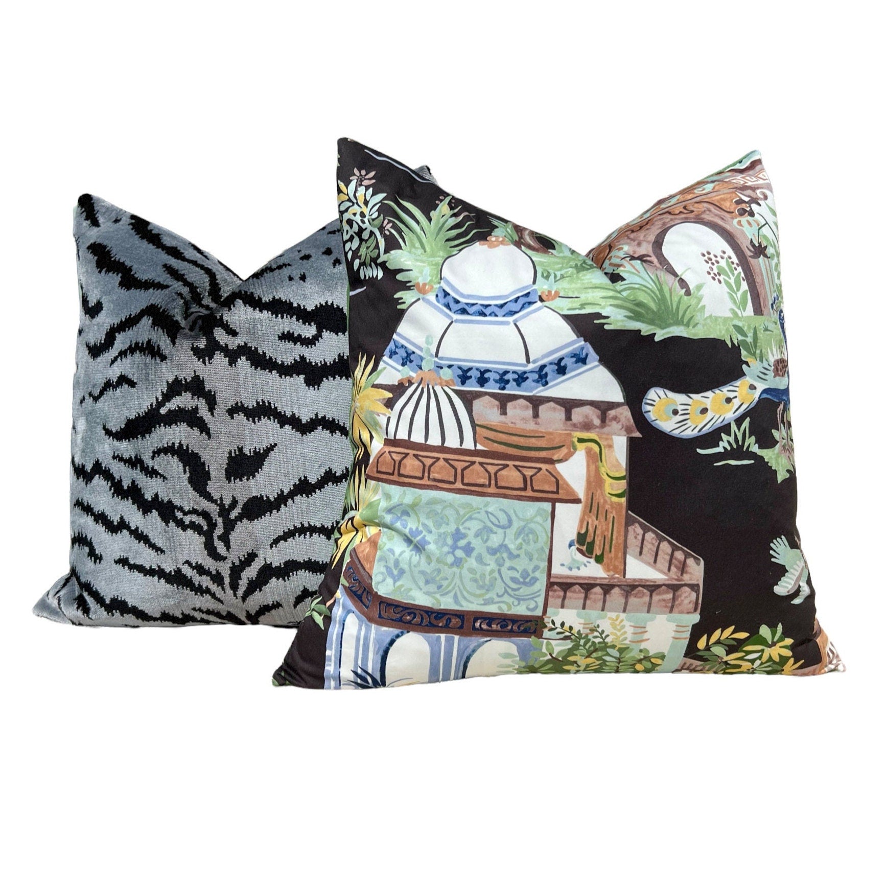 Mystic Garden Pillow Black. High End Cushion Cover, Designer Pillow in Black, Green and  Aqua, Accent Cushion, Euro Sham Pillow Cover,