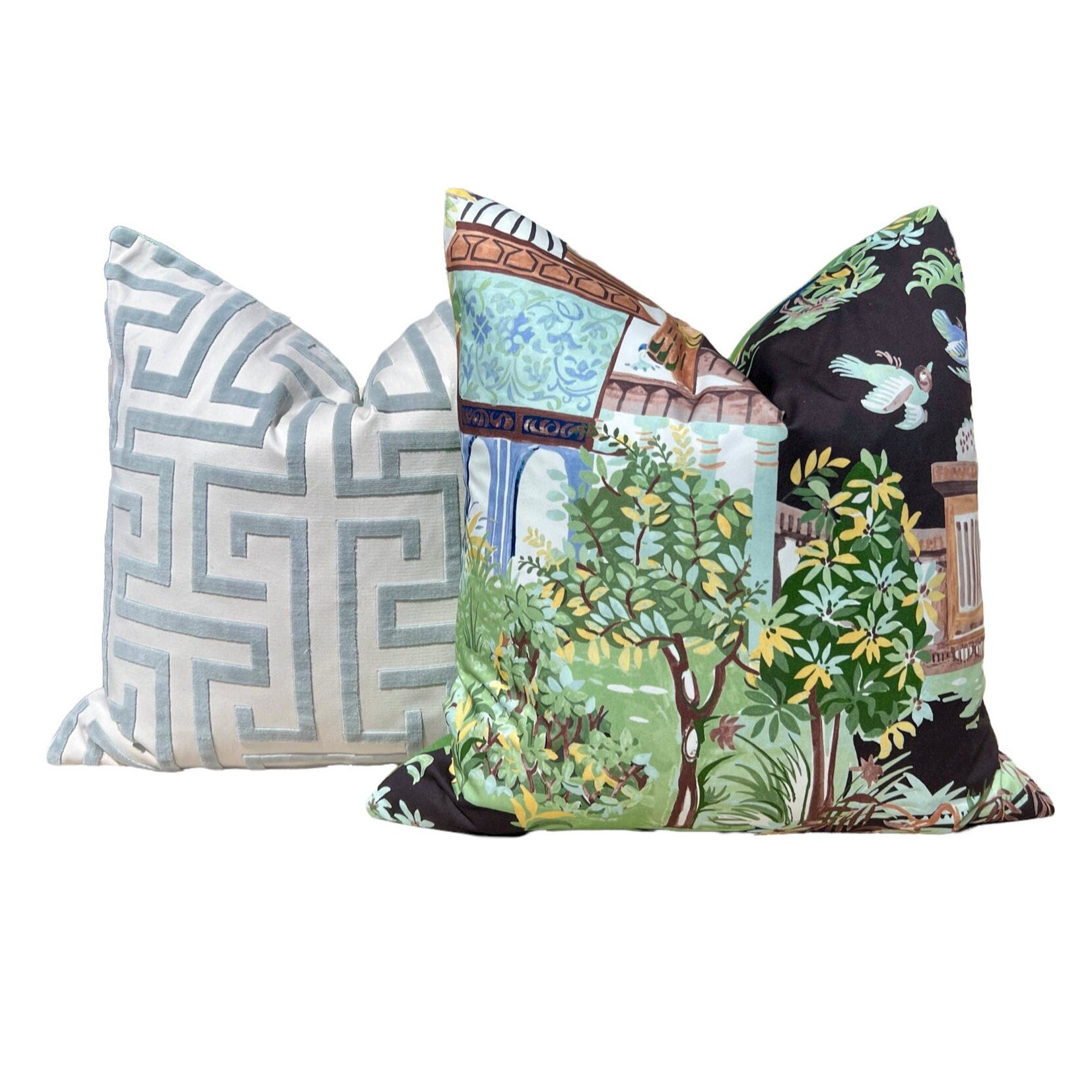 Mystic Garden Pillow Black. High End Cushion Cover, Designer Pillow in Black, Green and  Aqua, Accent Cushion, Euro Sham Pillow Cover,