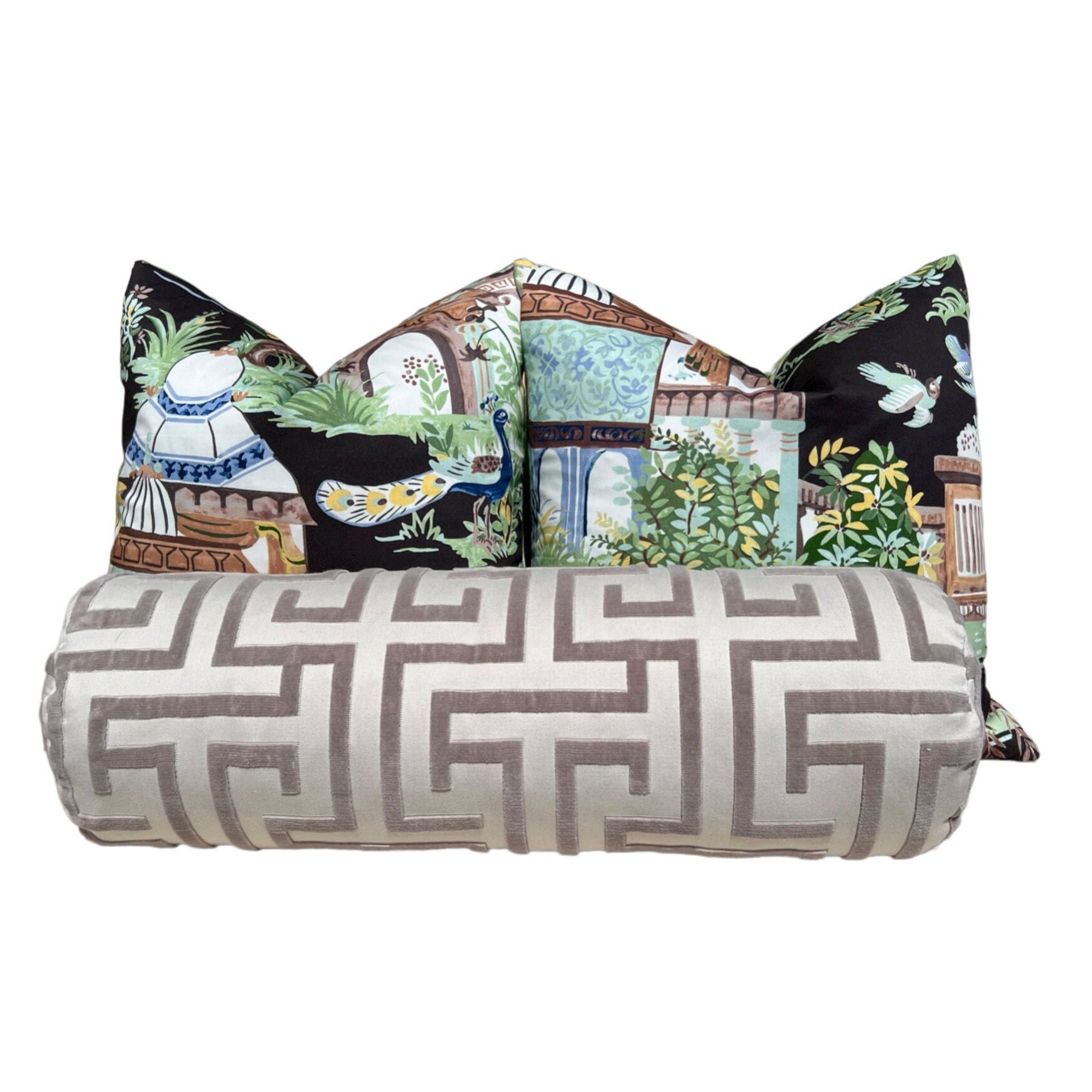 Mystic Garden Pillow Black. High End Cushion Cover, Designer Pillow in Black, Green and  Aqua, Accent Cushion, Euro Sham Pillow Cover,