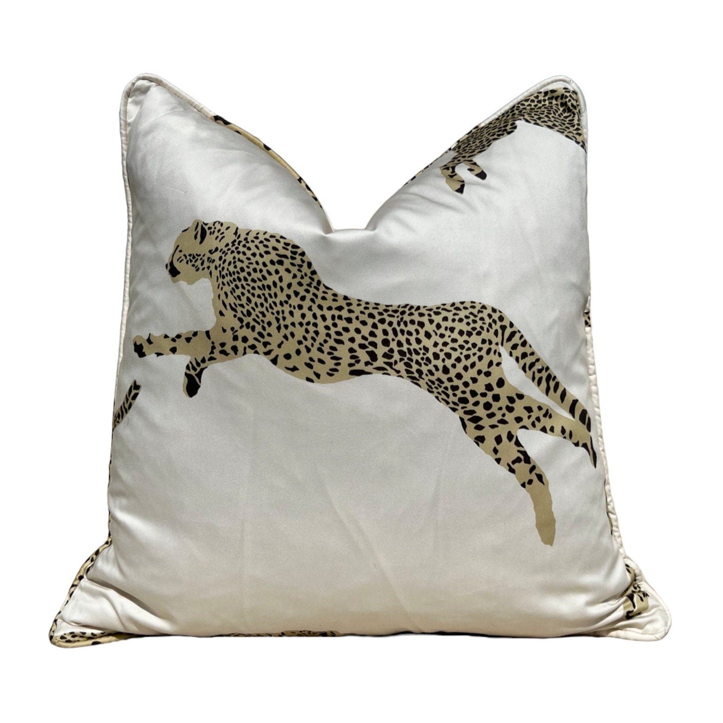 Leaping Cheetah Pillow in Cream. Designer Throw Pillow, Ivory Pillow Cover, Exotic Cat Pillow, Decorative Lumbar Pillow, Accent Pillow