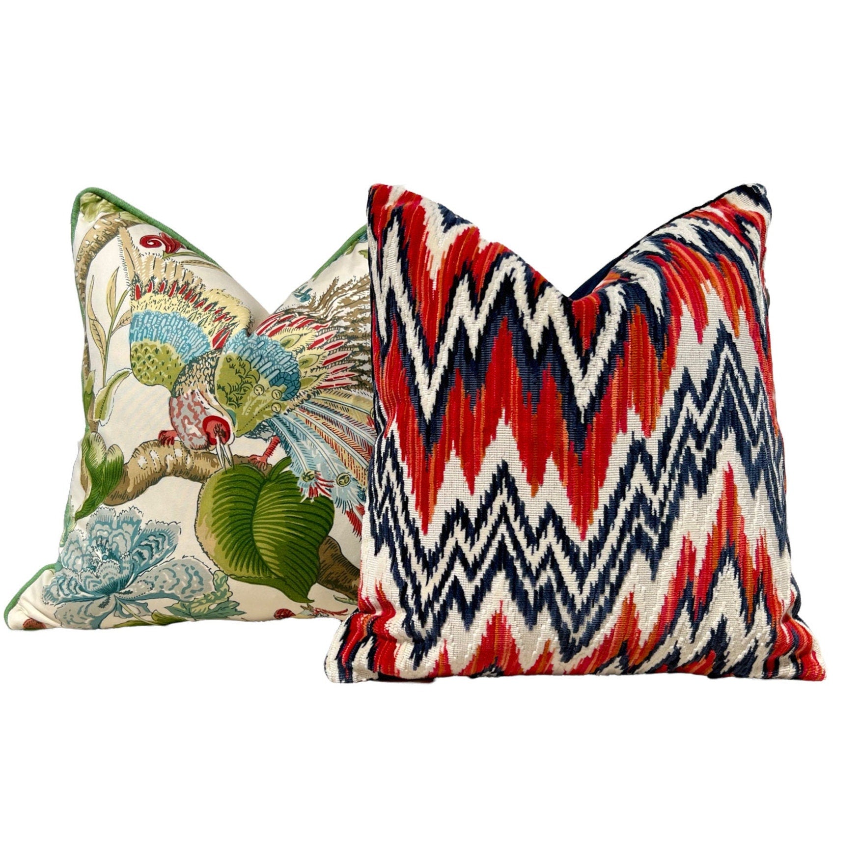 Thibaut Rhythm Velvet Pillow in Red and Navy. Designer Pillows, Zig Zag Velvet Pillow, High End Pillows, Red and Navy Geometric Pillows