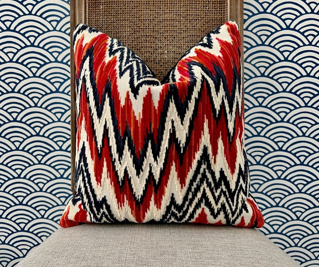 Thibaut Rhythm Velvet Pillow in Red and Navy. Designer Pillows, Zig Zag Velvet Pillow, High End Pillows, Red and Navy Geometric Pillows