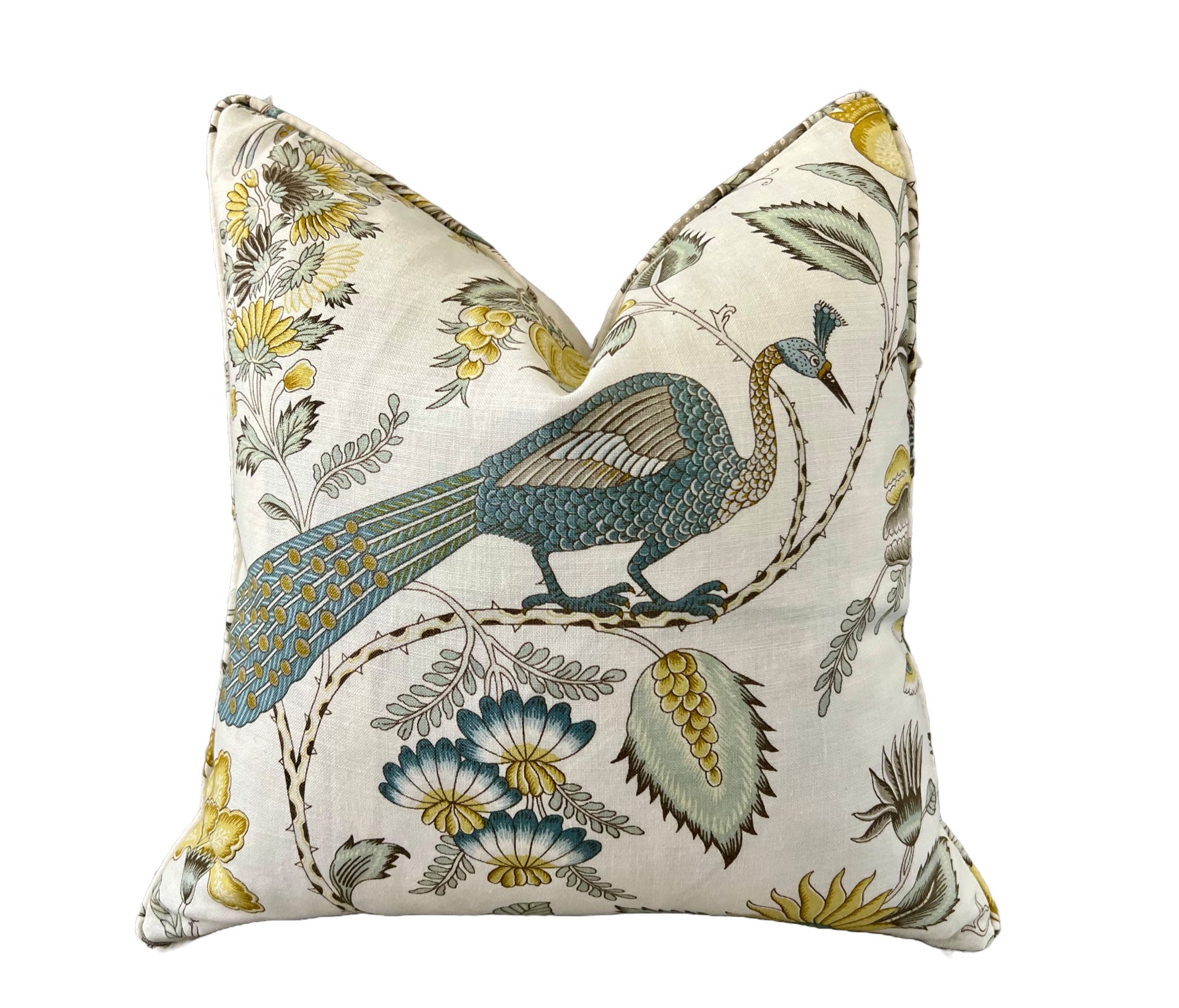 Schumacher Campagne Pillow in Spa Blue. Lumbar Linen Pillow, Designer Pillows, High End Pillows, Yellow Aqua Blue Pillow Case Bird Print