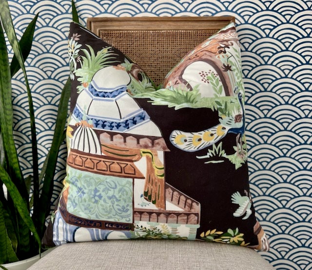 Mystic Garden Pillow Black. High End Cushion Cover, Designer Pillow in Black, Green and  Aqua, Accent Cushion, Euro Sham Pillow Cover,