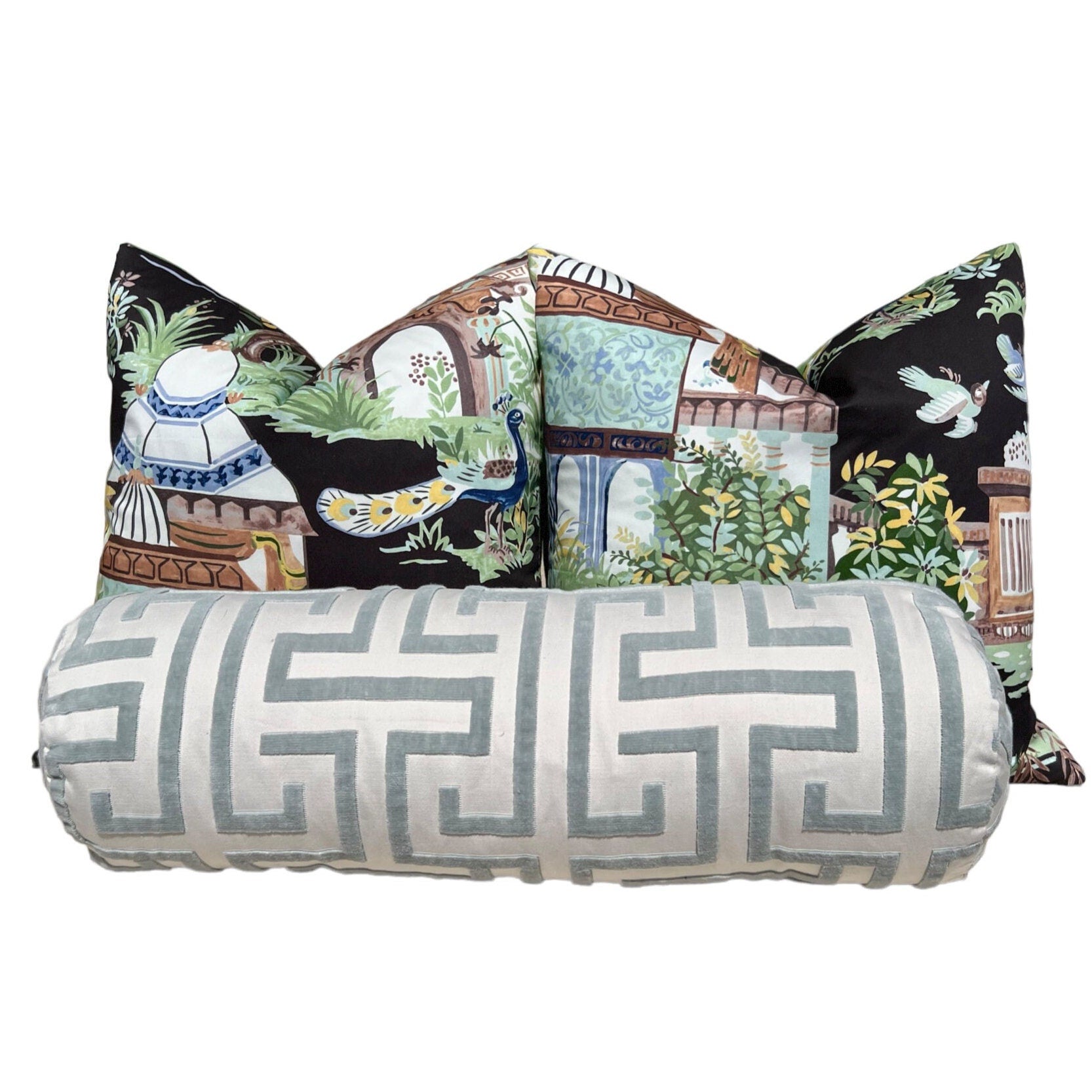 Mystic Garden Pillow Black. High End Cushion Cover, Designer Pillow in Black, Green and  Aqua, Accent Cushion, Euro Sham Pillow Cover,