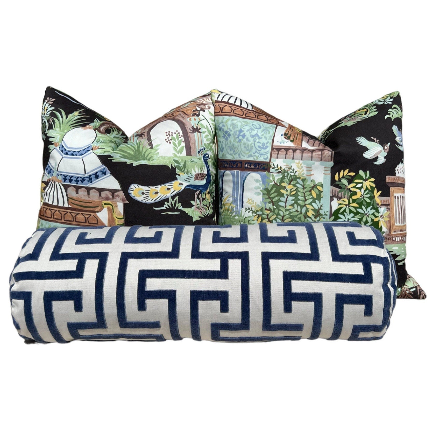 Mystic Garden Pillow Black. High End Cushion Cover, Designer Pillow in Black, Green and  Aqua, Accent Cushion, Euro Sham Pillow Cover,