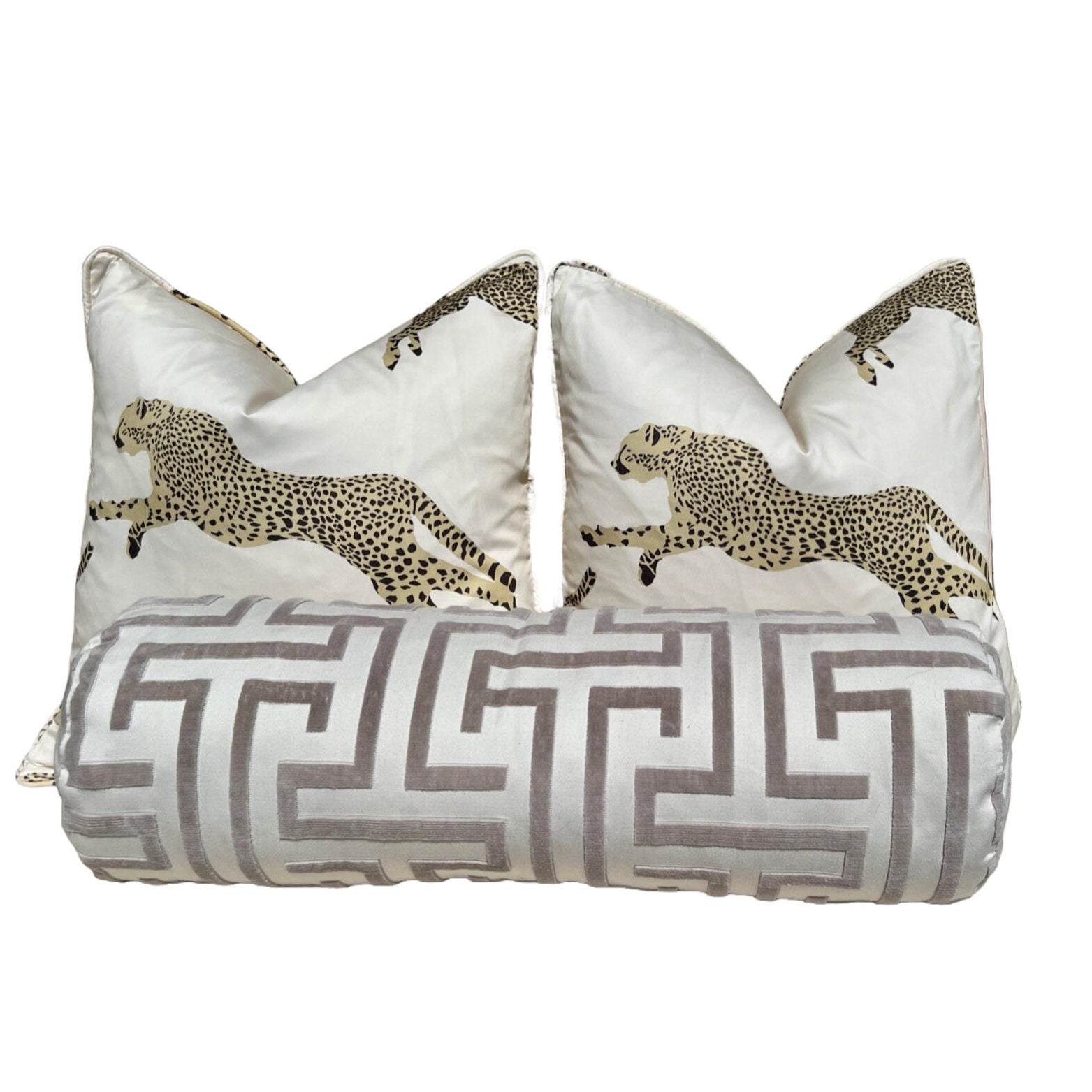 Leaping Cheetah Pillow in Cream. Designer Throw Pillow, Ivory Pillow Cover, Exotic Cat Pillow, Decorative Lumbar Pillow, Accent Pillow