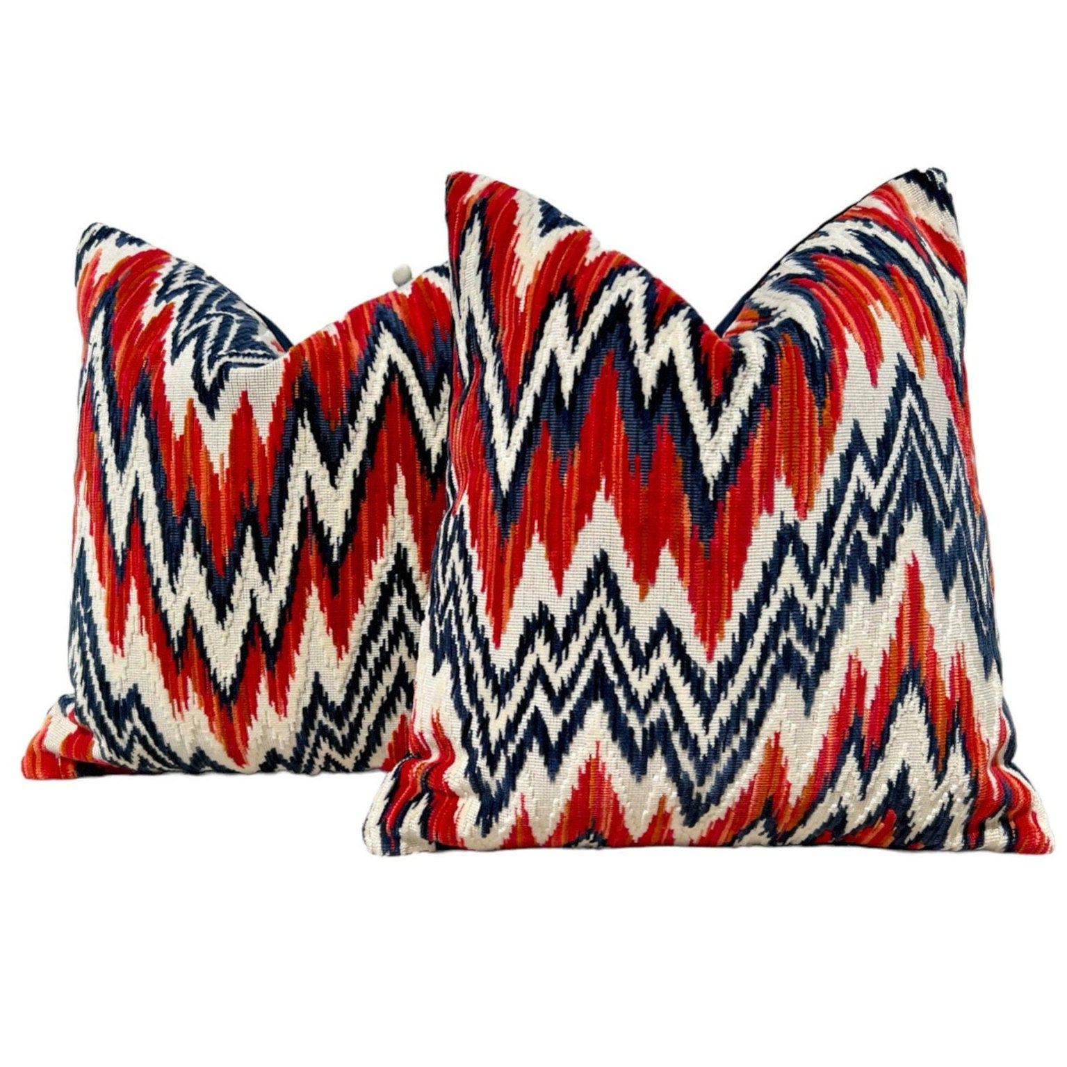 Thibaut Rhythm Velvet Pillow in Red and Navy. Designer Pillows, Zig Zag Velvet Pillow, High End Pillows, Red and Navy Geometric Pillows