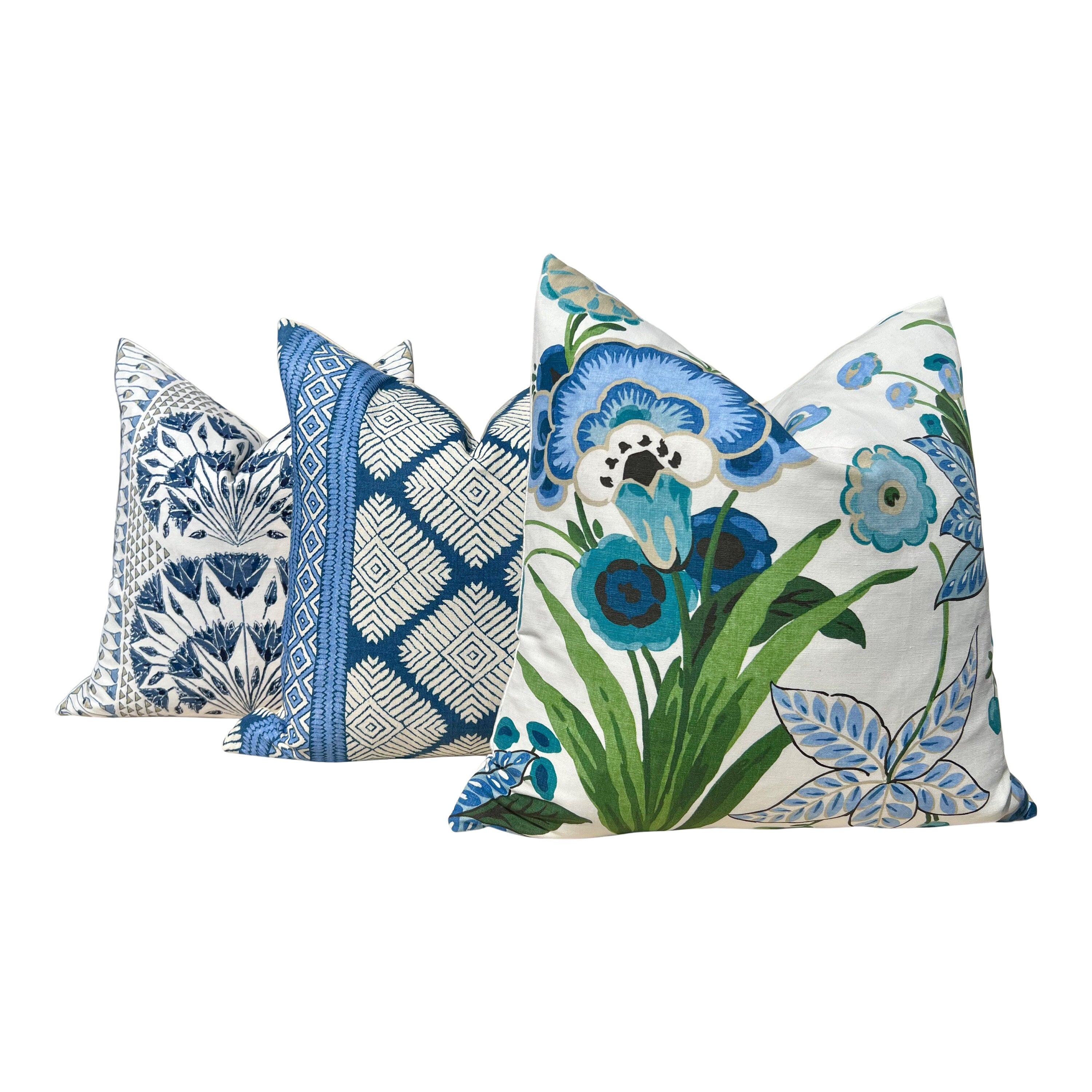 Floral Pasadena Pillow in Blue and Green. Decorative Accent Cushion Cover, Euro Sham Floral for Bed Sofa, Lumbar Pillow, Designer Pillows