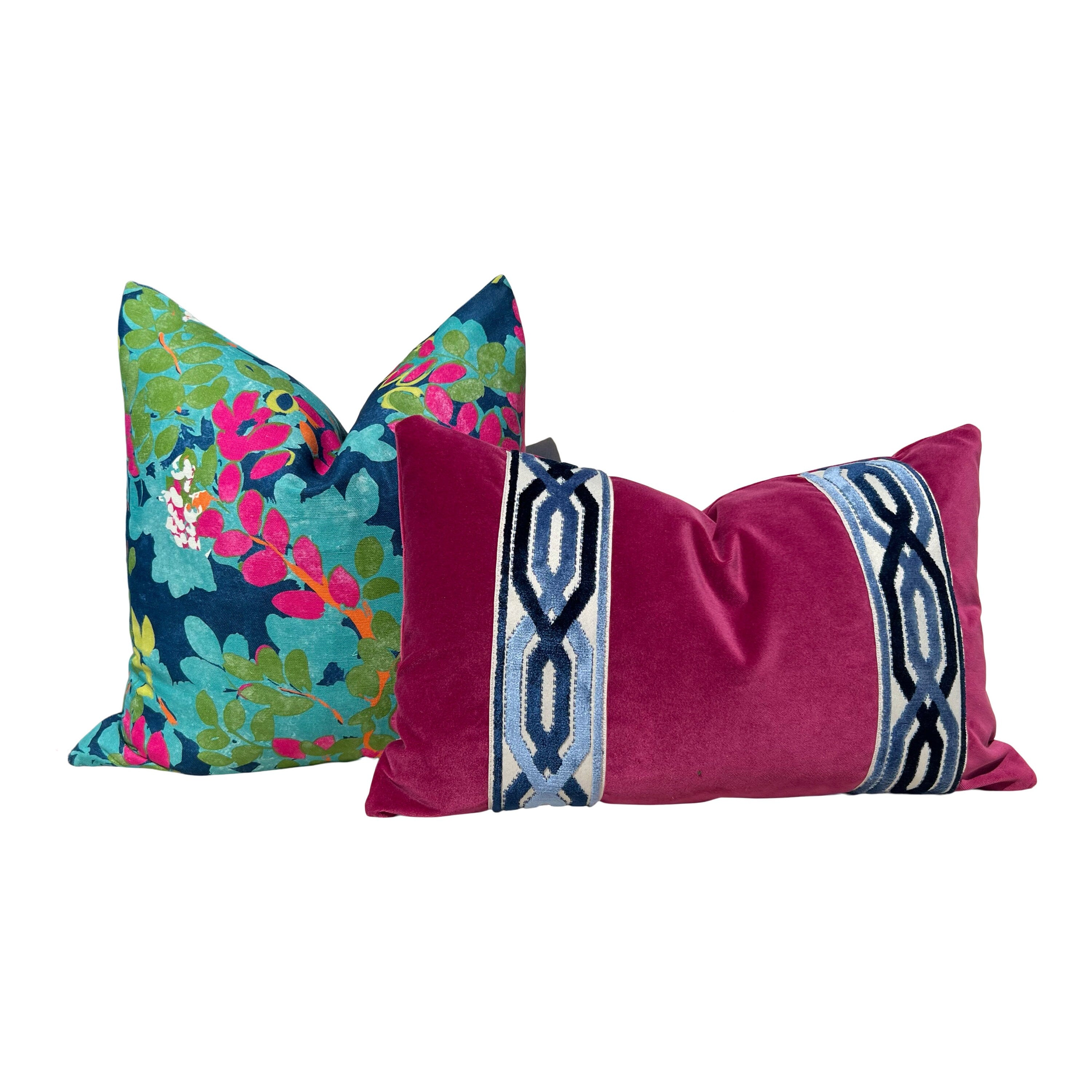 Designer Velvet Pillow in Fuchsia with trim. Designer Velvet Pillows, Accent Velvet Pillow, Lumbar Fuchsia Pillows, Extra long Lumbar.