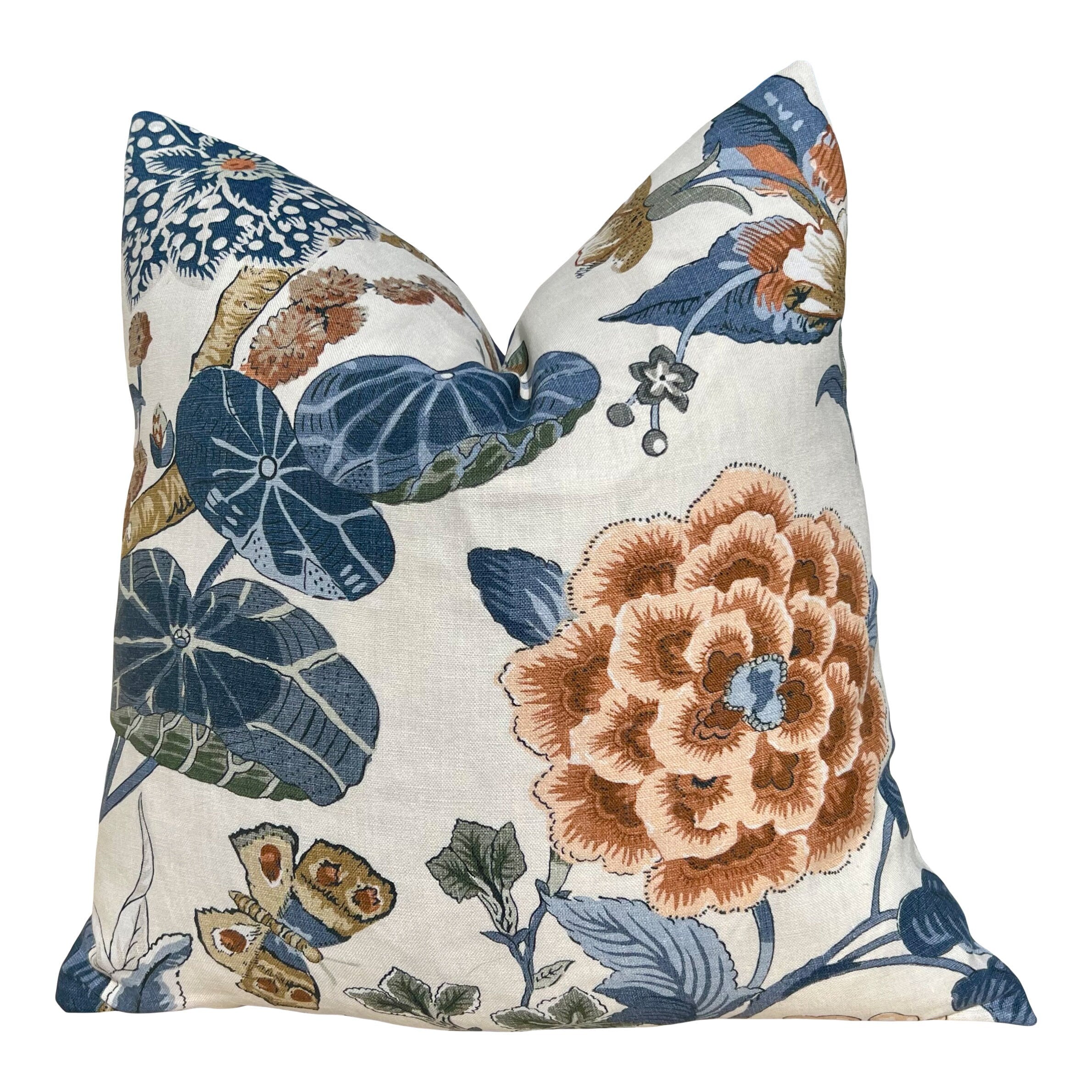 Hill Garden Linen Pillow in Brick and Navy. Designer Pillows, High End Pillows, Blue Floral Pillows, Bird Pillow Cover, Floral Bedroom Decor