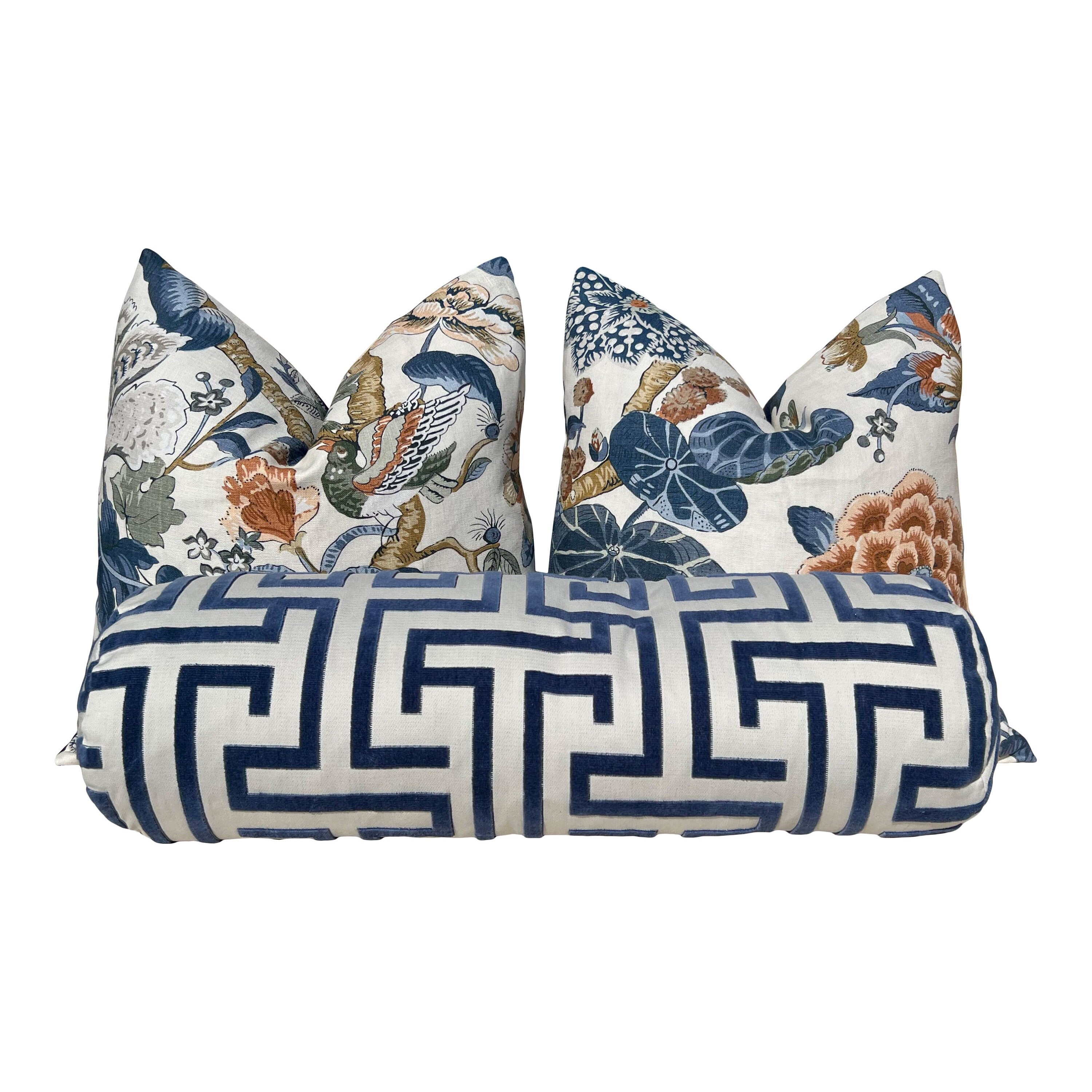 Hill Garden Linen Pillow in Brick and Navy. Designer Pillows, High End Pillows, Blue Floral Pillows, Bird Pillow Cover, Floral Bedroom Decor