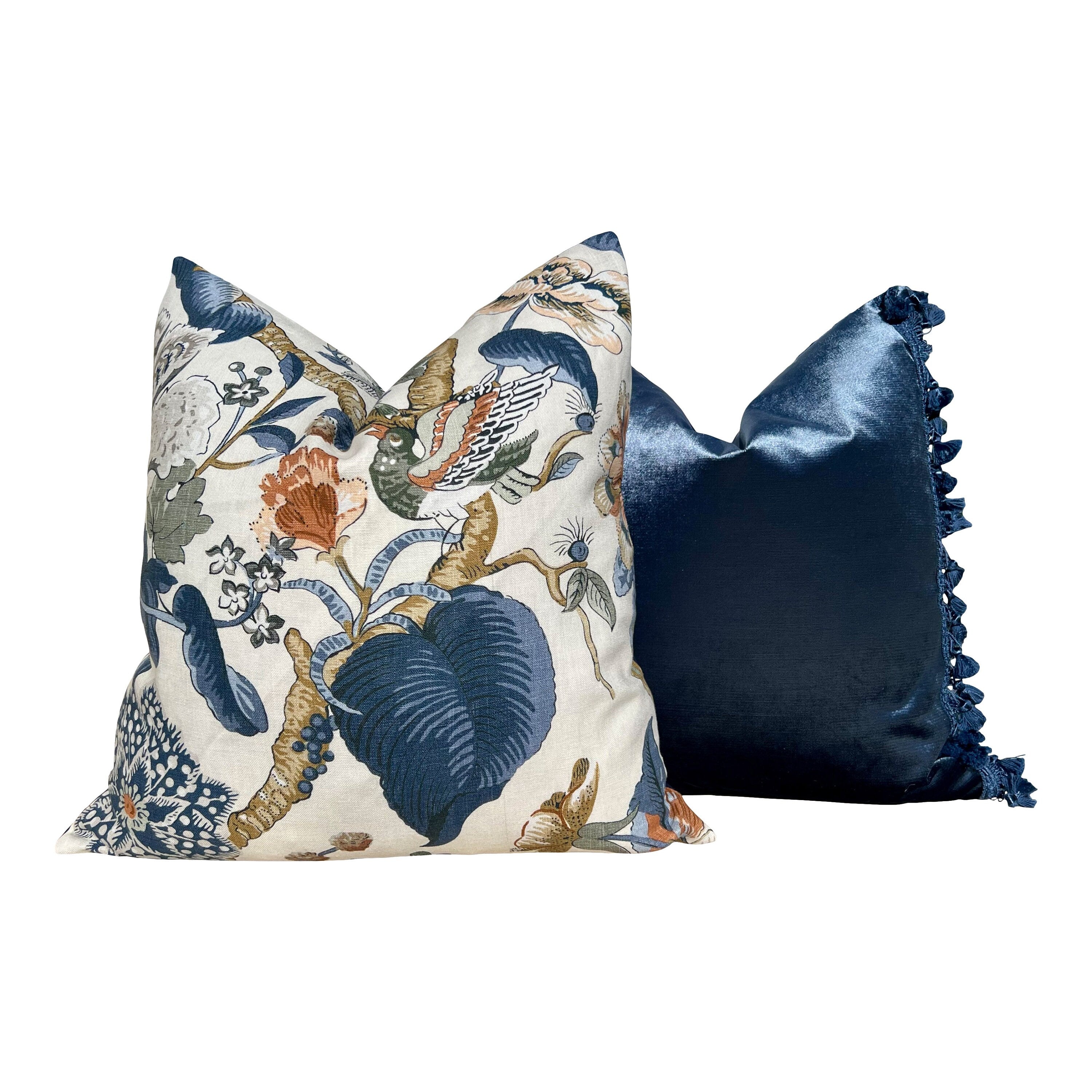 Hill Garden Linen Pillow in Brick and Navy. Designer Pillows, High End Pillows, Blue Floral Pillows, Bird Pillow Cover, Floral Bedroom Decor