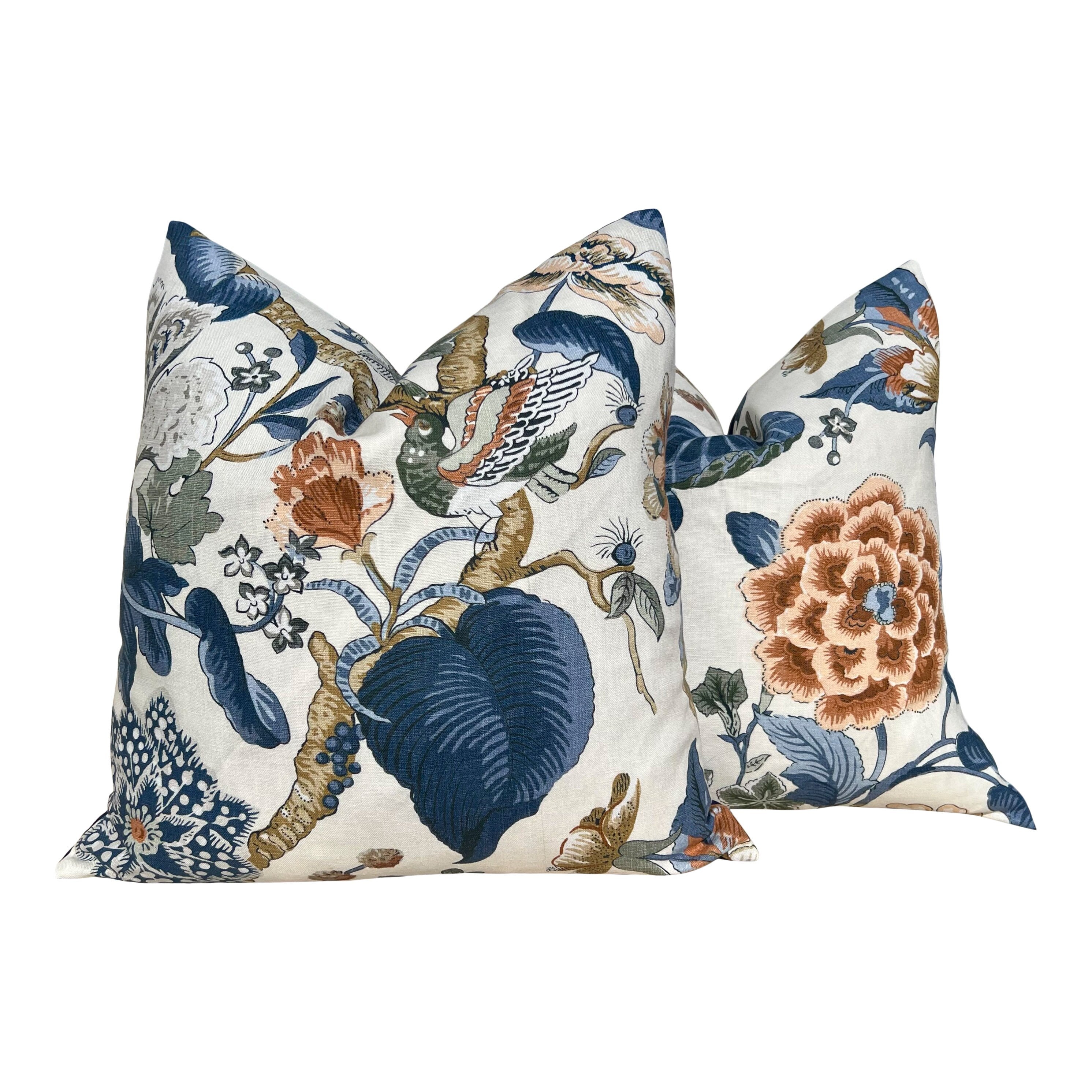 Hill Garden Linen Pillow in Brick and Navy. Designer Pillows, High End Pillows, Blue Floral Pillows, Bird Pillow Cover, Floral Bedroom Decor