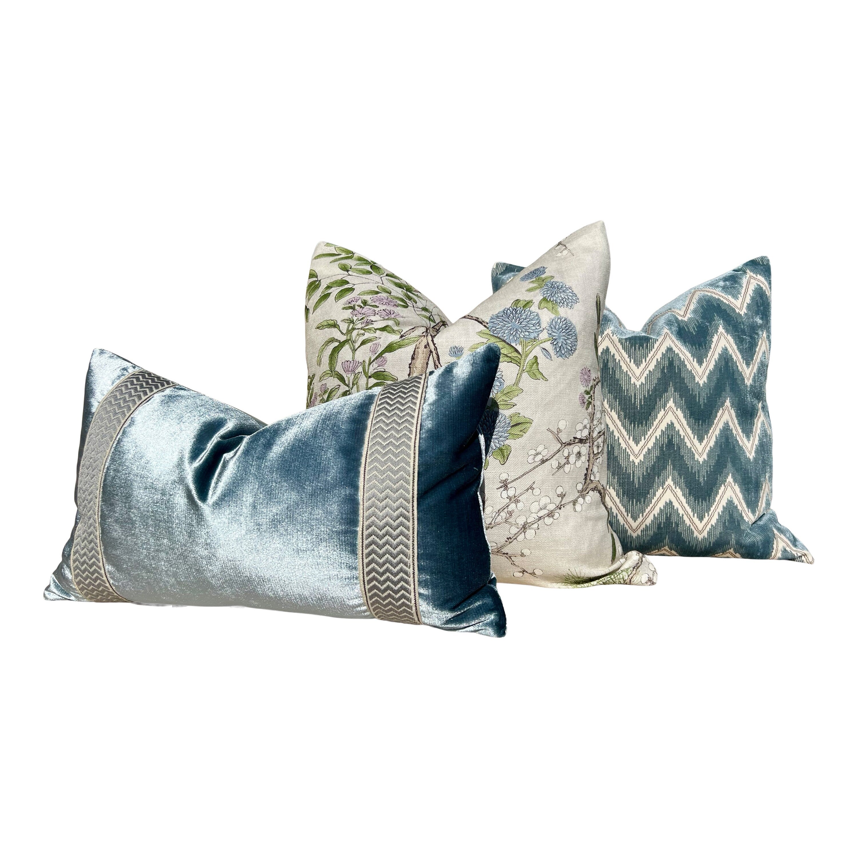 Designer Velvet Pillow in Luminous Aqua, Chevron Trim. High End Pillows, Velvet Lumbar Pillow Cover, Accent Velvet Pillow, Lumbar Velvet