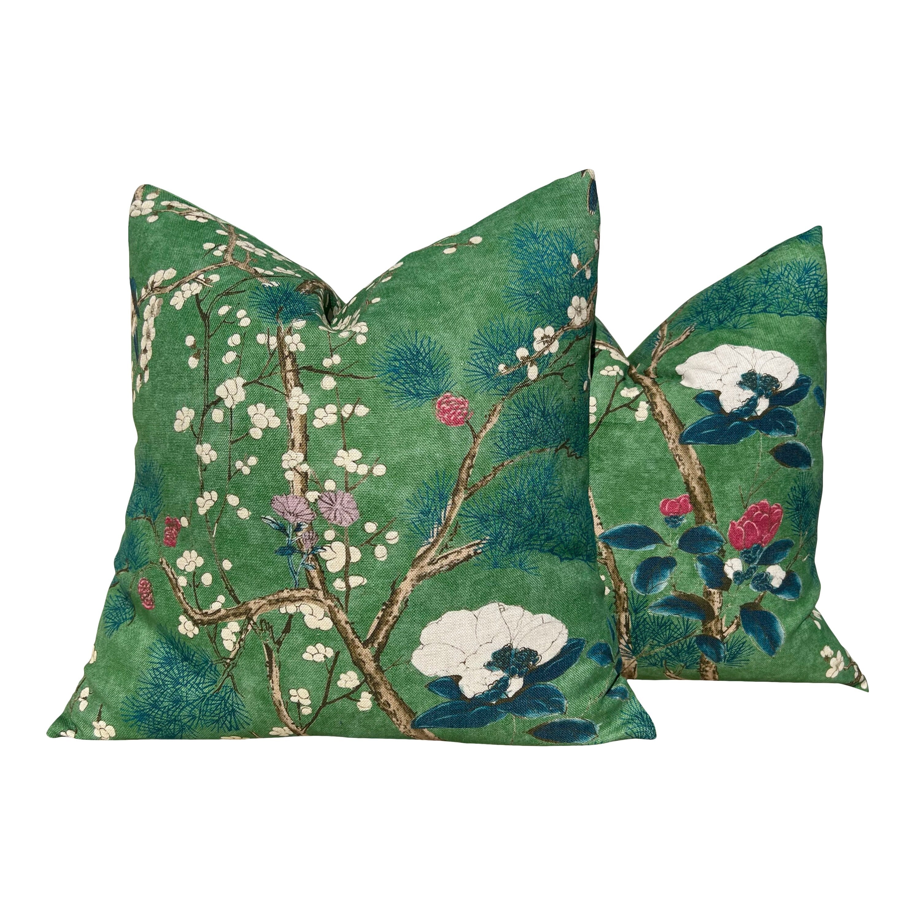 Katsura Pillow in Emerald Green. Designer Pillows, High End Floral Pillow Case, Euro Sham Cover, Accent Lumbar Pillows, Chinoiserie Pillows