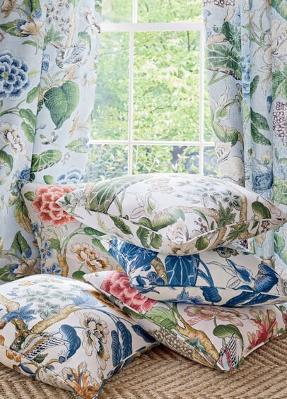 Hill Garden Linen Pillow in Green and Coral. Designer Pillows, High End Pillows, Floral Pillows, Bird Pillow Cover, Floral Bedroom Decor