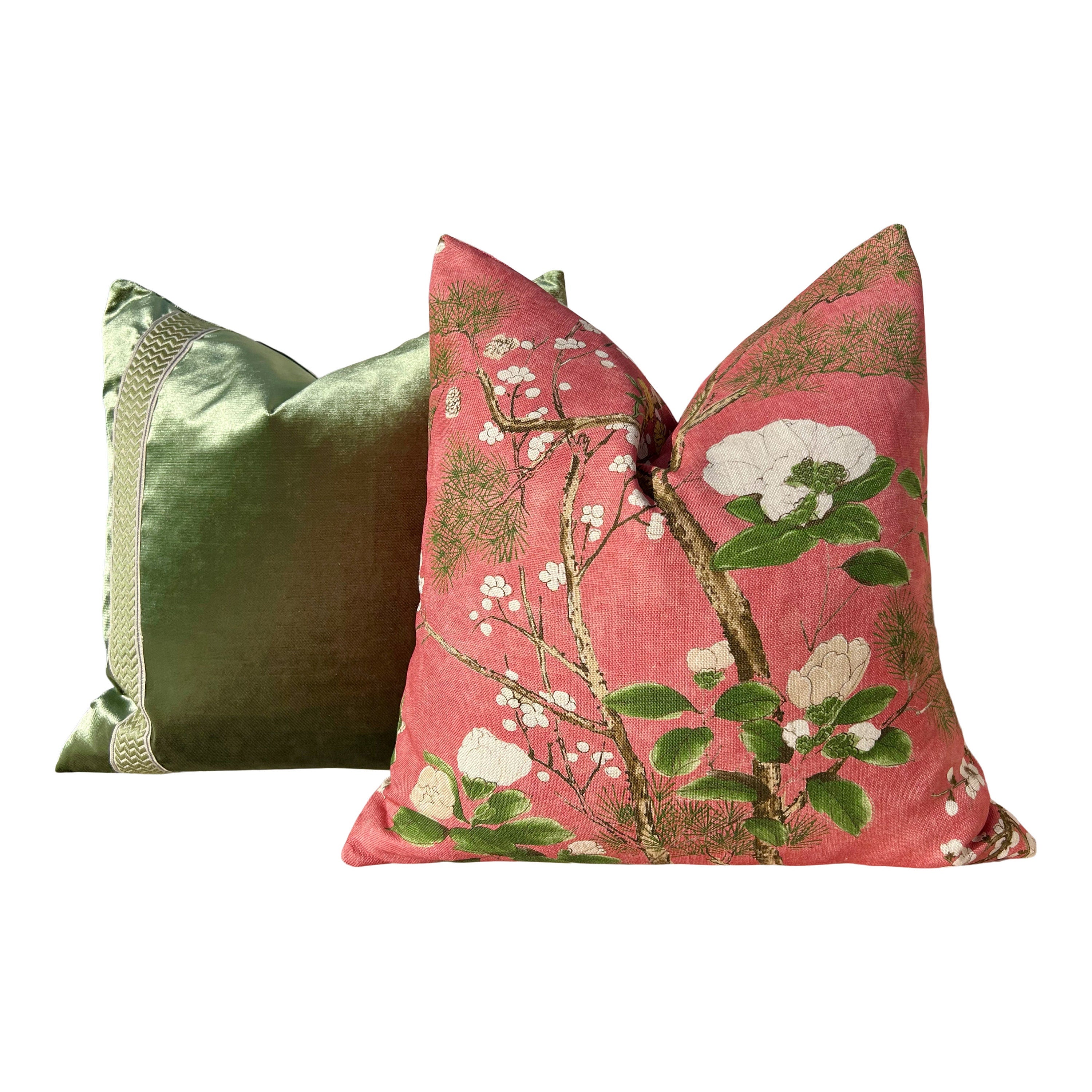 Katsura Pillow in Coral and Green. Designer Linen Pillows, High End Floral Pillows, Euro Sham Cover, Decorative Lumbar Pillows, Home Decor