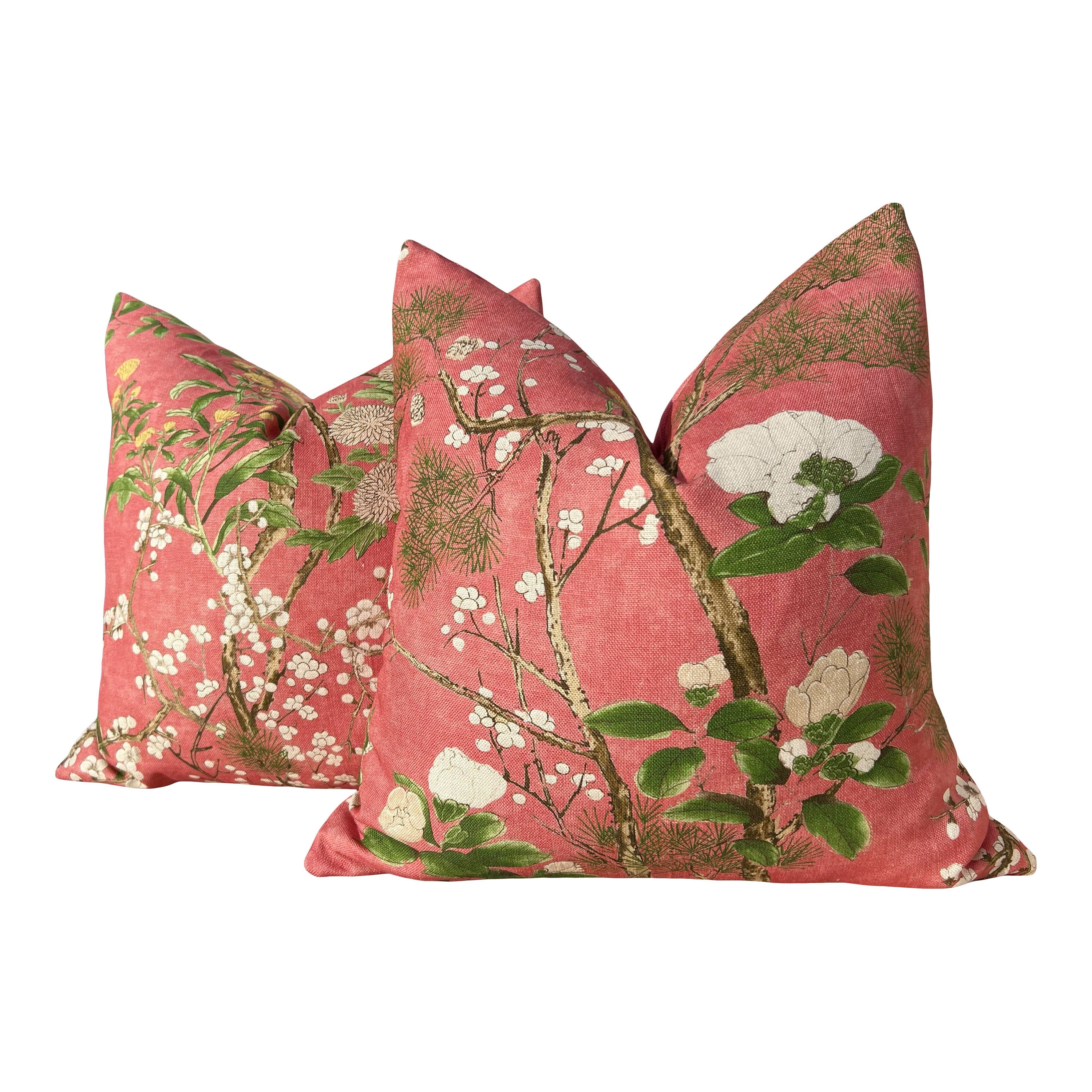 Katsura Pillow in Coral and Green. Designer Linen Pillows, High End Floral Pillows, Euro Sham Cover, Decorative Lumbar Pillows, Home Decor