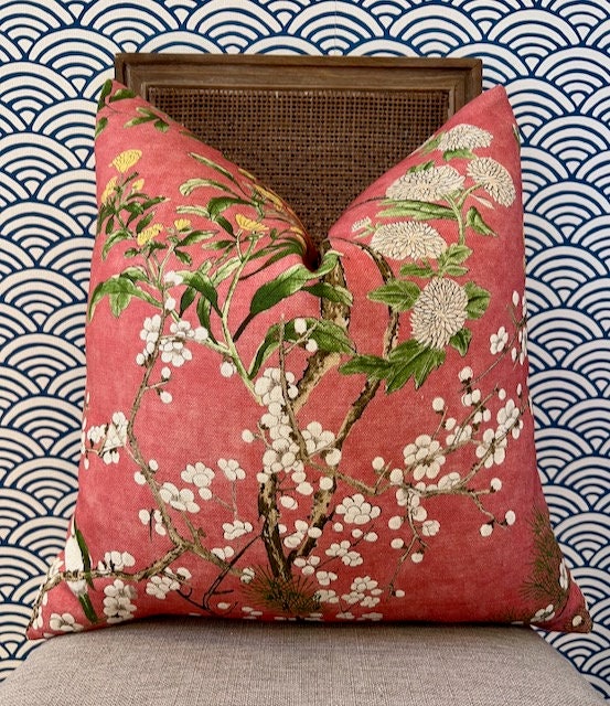 Katsura Pillow in Coral and Green. Designer Linen Pillows, High End Floral Pillows, Euro Sham Cover, Decorative Lumbar Pillows, Home Decor
