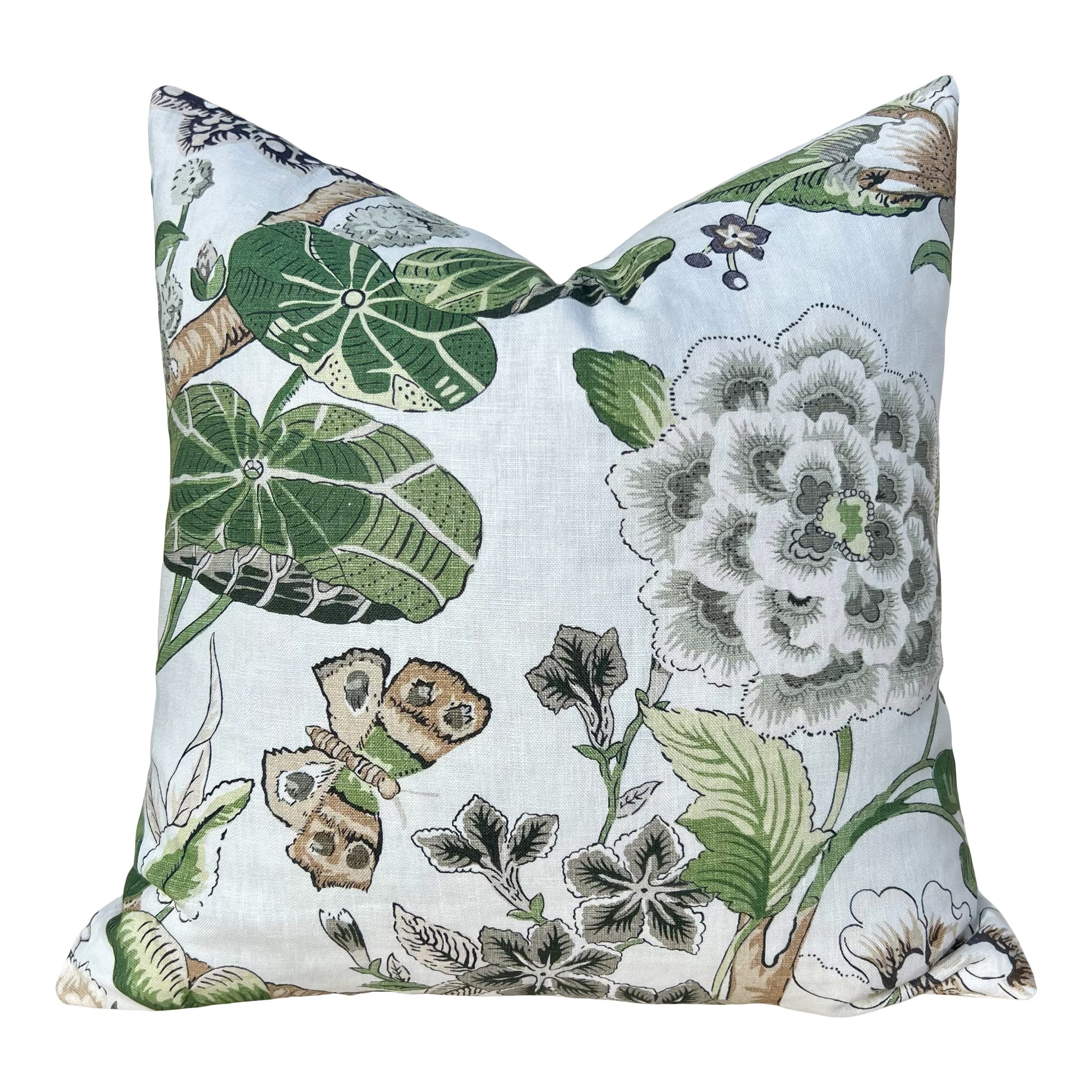 Hill Garden Linen Pillow in Green and White. Designer Pillows, High End Pillows, Floral Pillows, Bird Pillow Cover, Floral Bedroom Decor