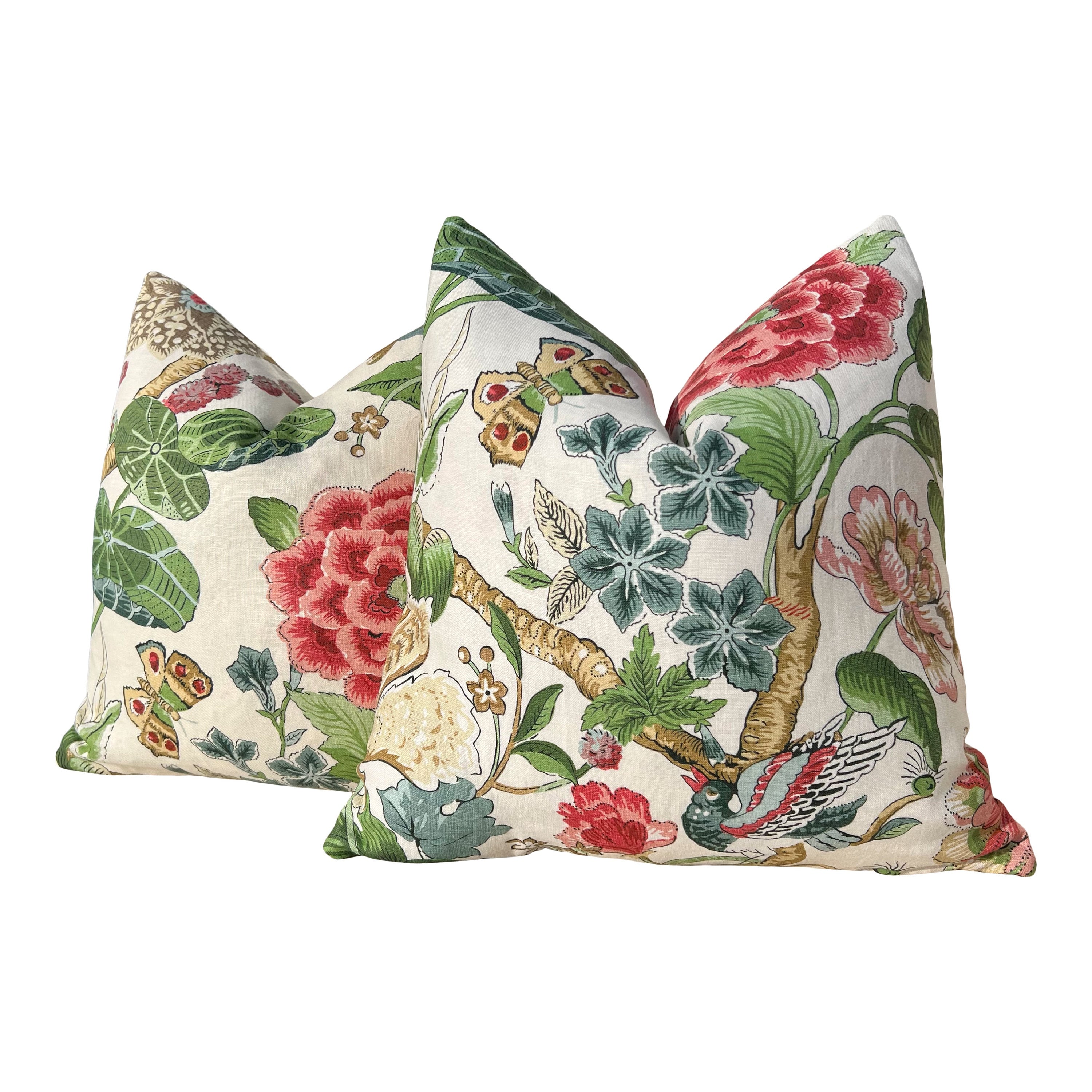 Hill Garden Linen Pillow in Green and Coral. Designer Pillows, High End Pillows, Floral Pillows, Bird Pillow Cover, Floral Bedroom Decor