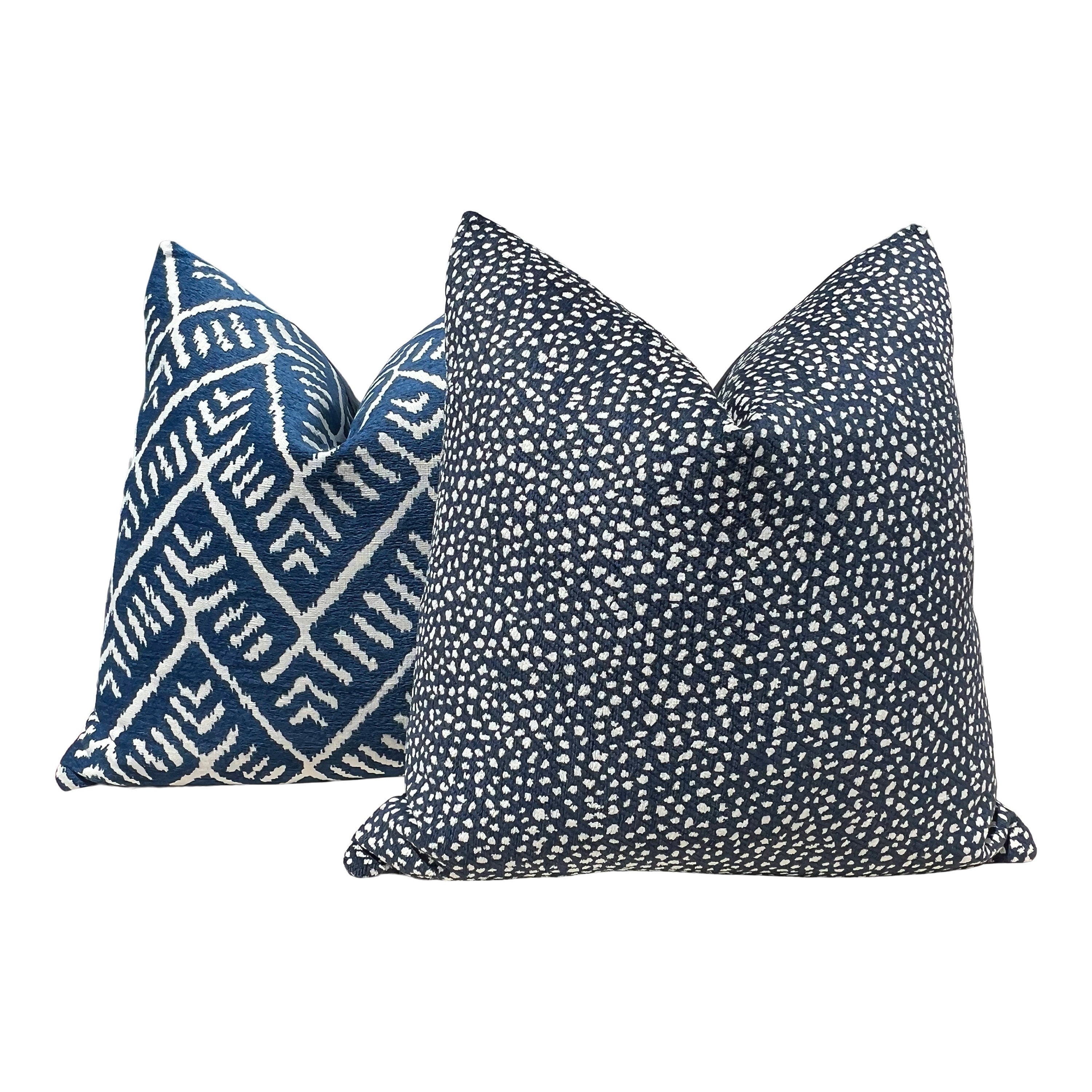 Thibaut Fawn Indoor Outdoor Pillow in Midnight. Outdoor Designer Pillows, High End Pillows, Navy Modern Pillow, Animal Print Lumbar Pillow