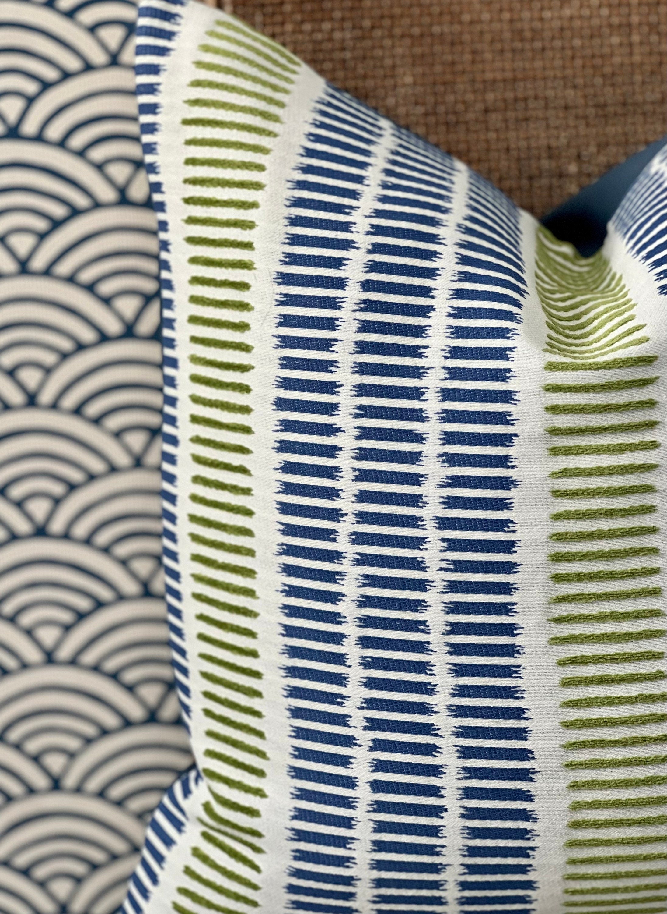 Outdoor/ Indoor Top Sail Striped Pillow Blue and Green. Designer Woven Decorative Sunbrella Outdoor Pillow Cover Blue and Green Stripes