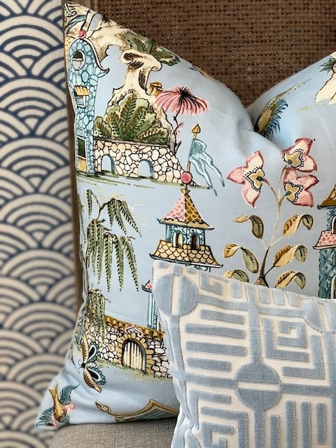 Grand Palace Chinoiserie Pillow in Sky Blue. Pagoda Pillow Cover, Designer Lumbar Pillows, High End Pillows, Euro Sham Pillow Cover