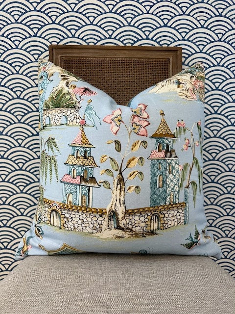 Grand Palace Chinoiserie Pillow in Sky Blue. Pagoda Pillow Cover, Designer Lumbar Pillows, High End Pillows, Euro Sham Pillow Cover