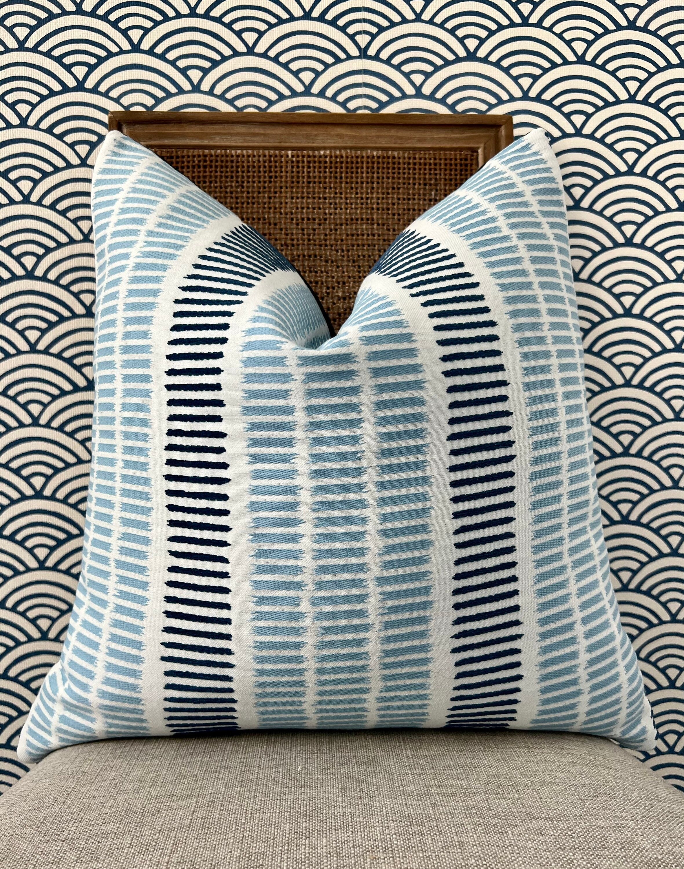 Outdoor/ Indoor Top Sail Striped Pillow in Sky and Marine. Designer Woven Decorative Sunbrella Outdoor Pillow Cover in Blue Striped
