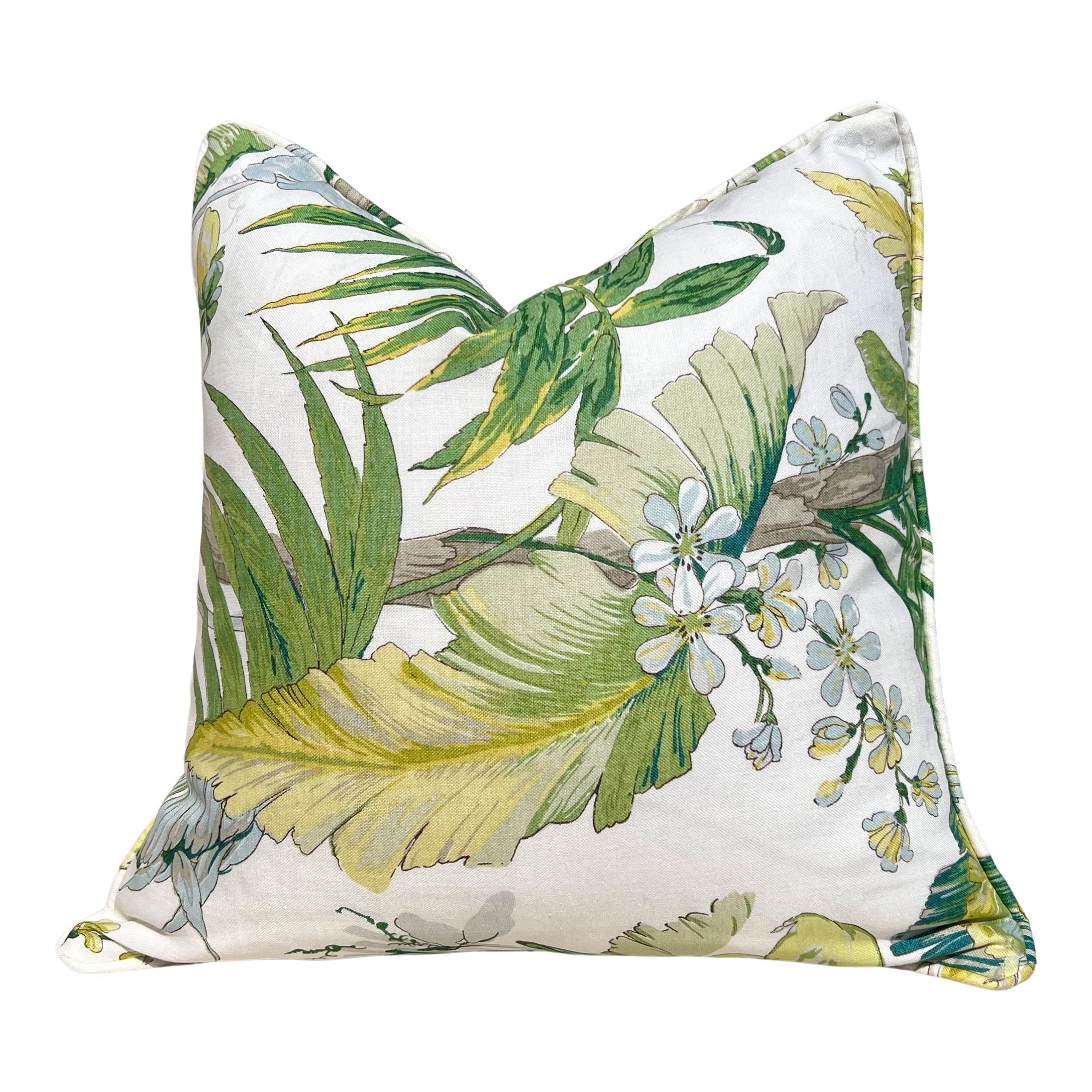 Schumacher Tropique Pillow in Citron. Designer Tropical Pillow Green, Aqua, High End Linen Pillow Cover in Citrus, Lumbar Palm Leaves Pillow