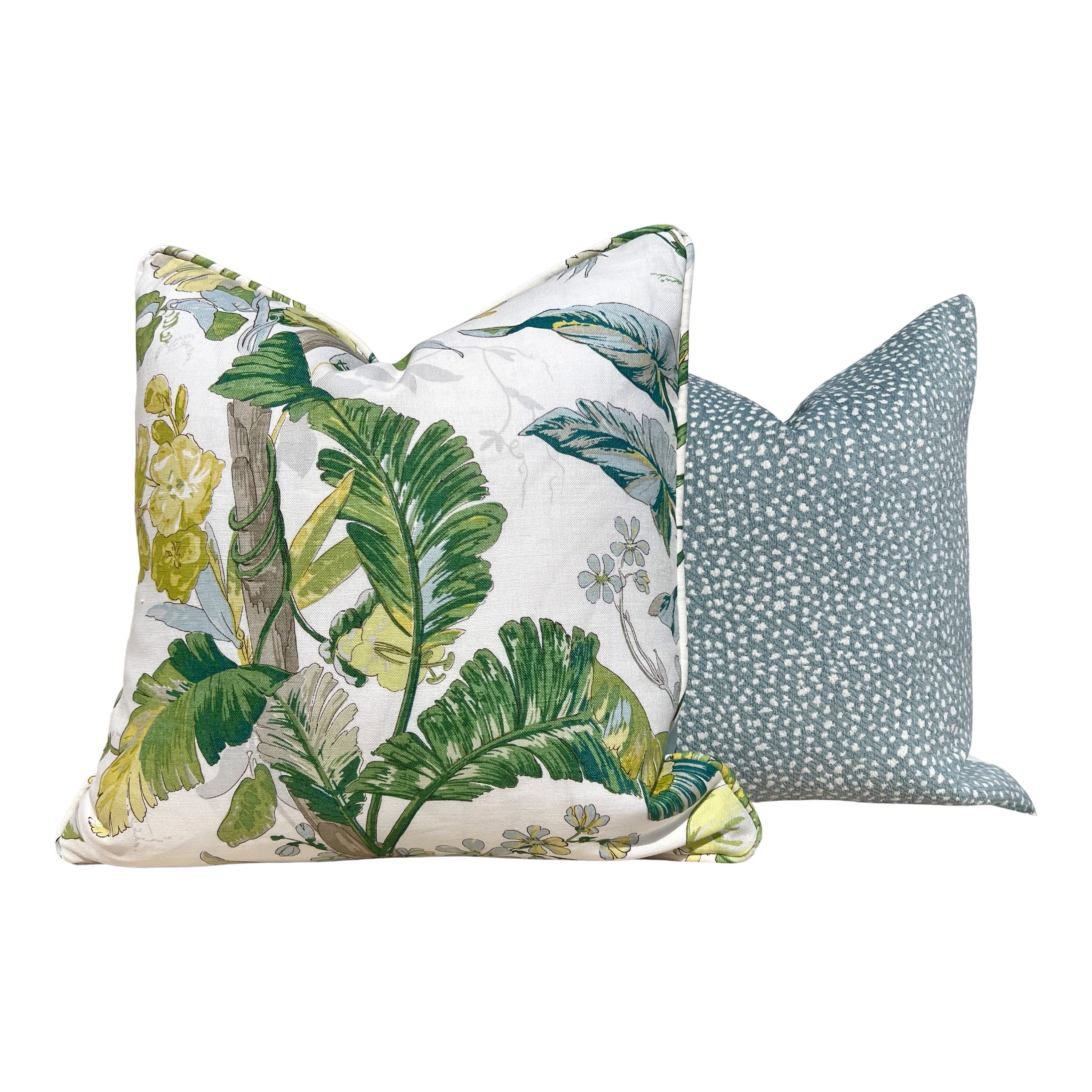 Schumacher Tropique Pillow in Citron. Designer Tropical Pillow Green, Aqua, High End Linen Pillow Cover in Citrus, Lumbar Palm Leaves Pillow